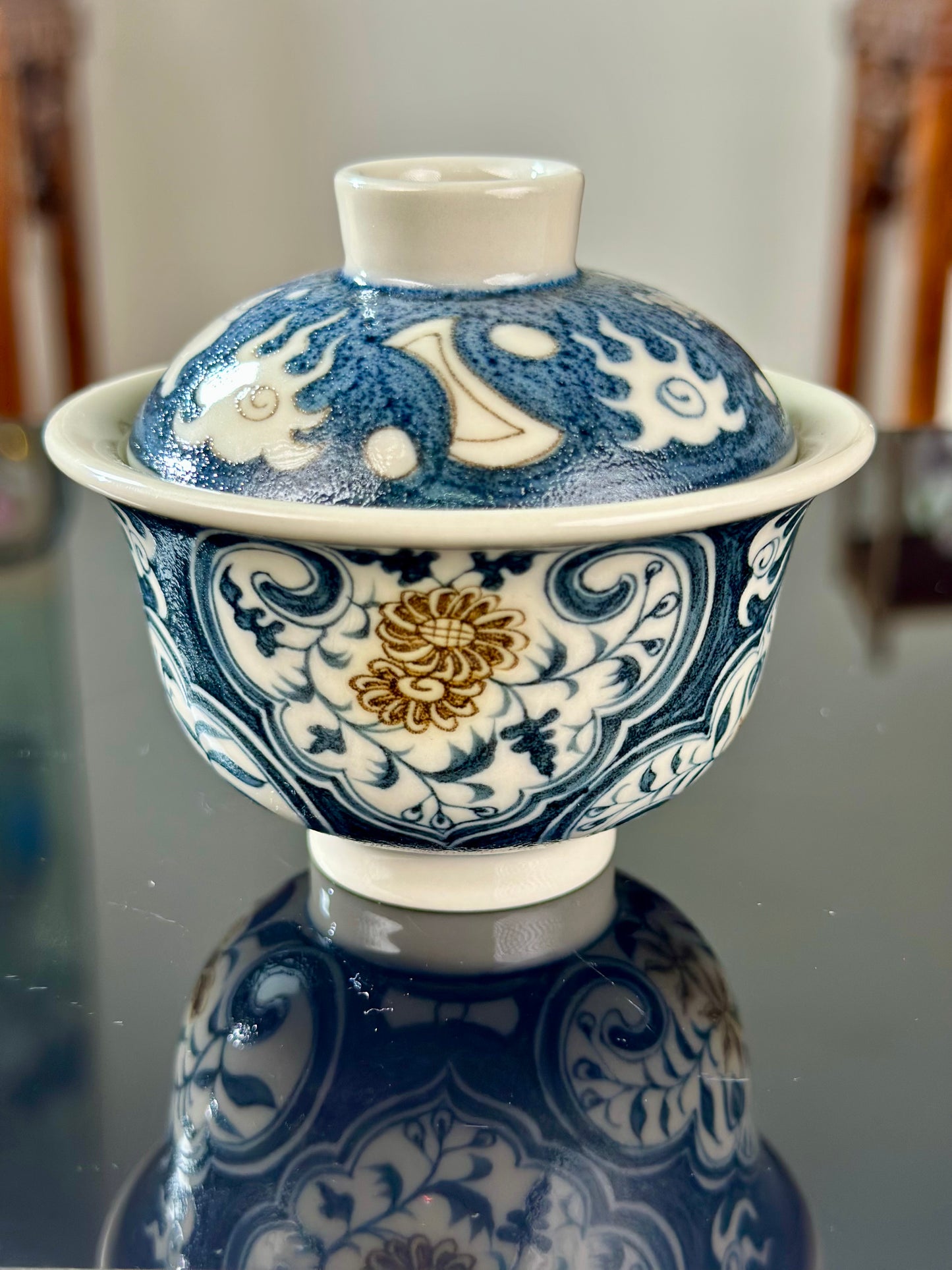 Handpainted Chinese Luxious Blue White Porcelain Underglaze Gold Youlijin Ruyi Pattern Gaiwan Set Artwork Teacup