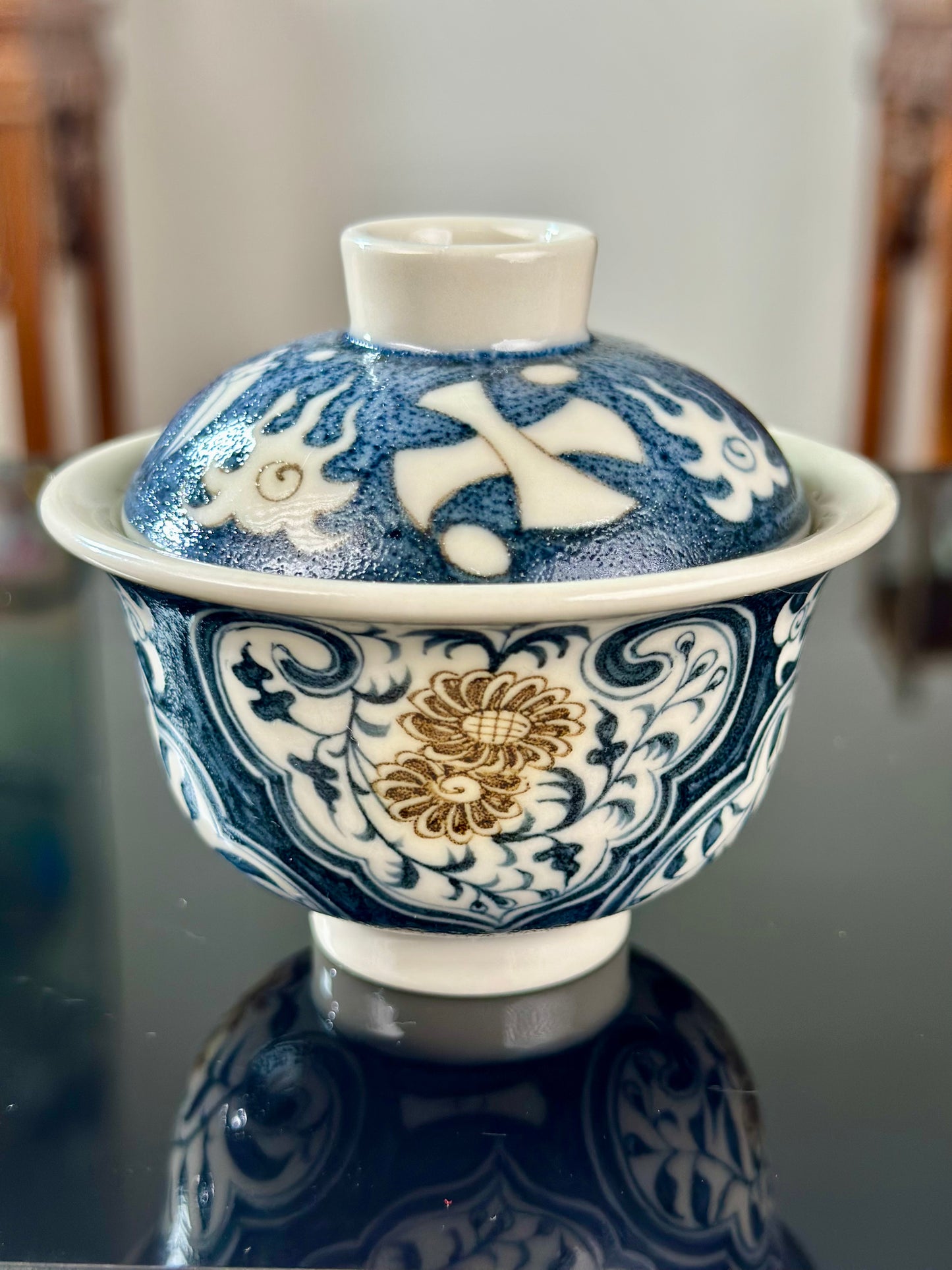 Handpainted Chinese Luxious Blue White Porcelain Underglaze Gold Youlijin Ruyi Pattern Gaiwan Set Artwork Teacup