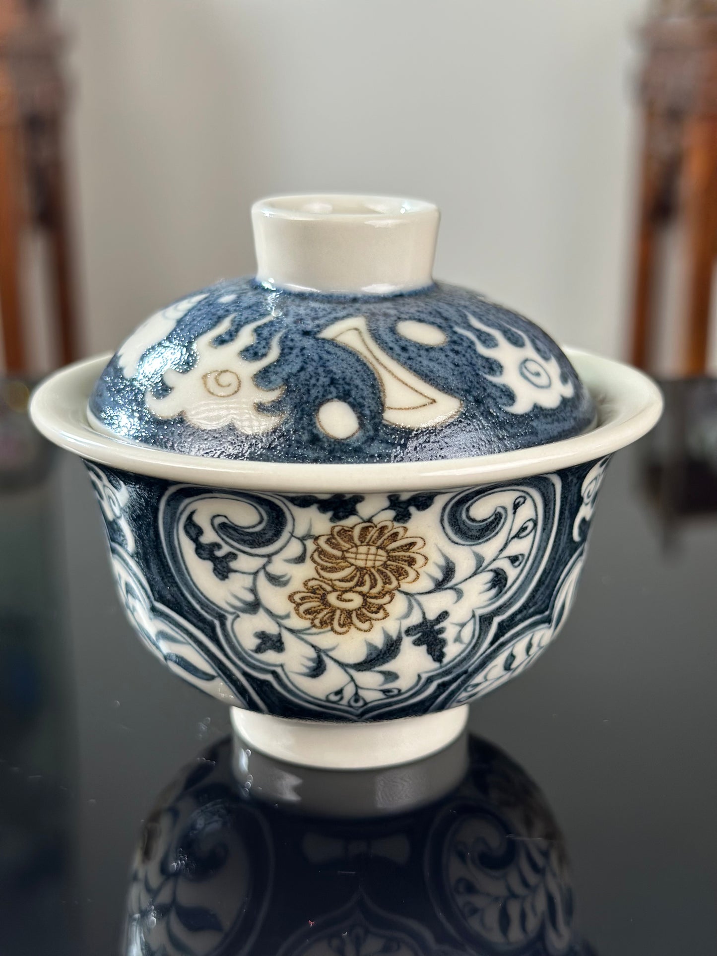 Handpainted Chinese Luxious Blue White Porcelain Underglaze Gold Youlijin Ruyi Pattern Gaiwan Set Artwork Teacup