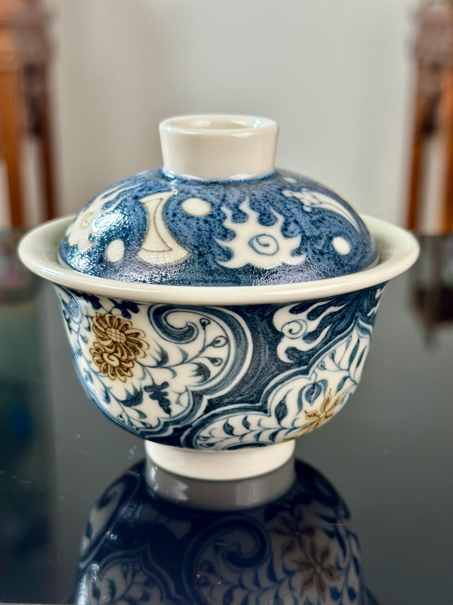 Handpainted Chinese Luxious Blue White Porcelain Underglaze Gold Youlijin Ruyi Pattern Gaiwan Set Artwork Teacup
