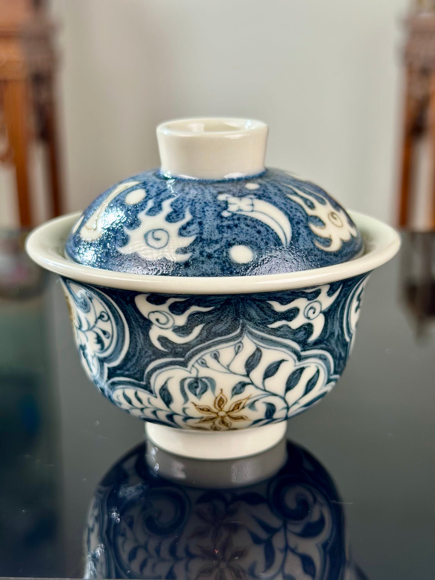 Handpainted Chinese Luxious Blue White Porcelain Underglaze Gold Youlijin Ruyi Pattern Gaiwan Set Artwork Teacup