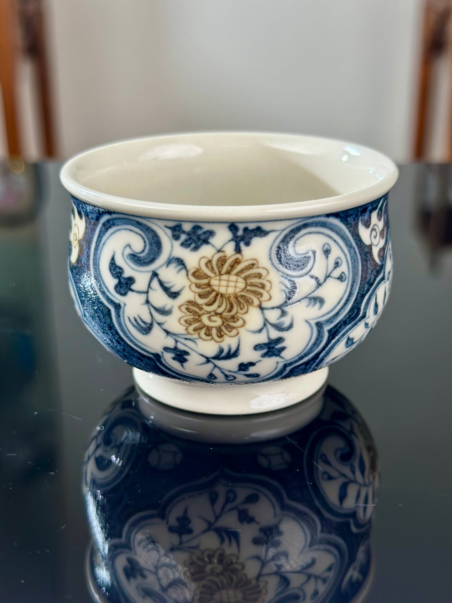 Handpainted Chinese Luxious Blue White Porcelain Underglaze Gold Youlijin Ruyi Pattern Gaiwan Set Artwork Teacup