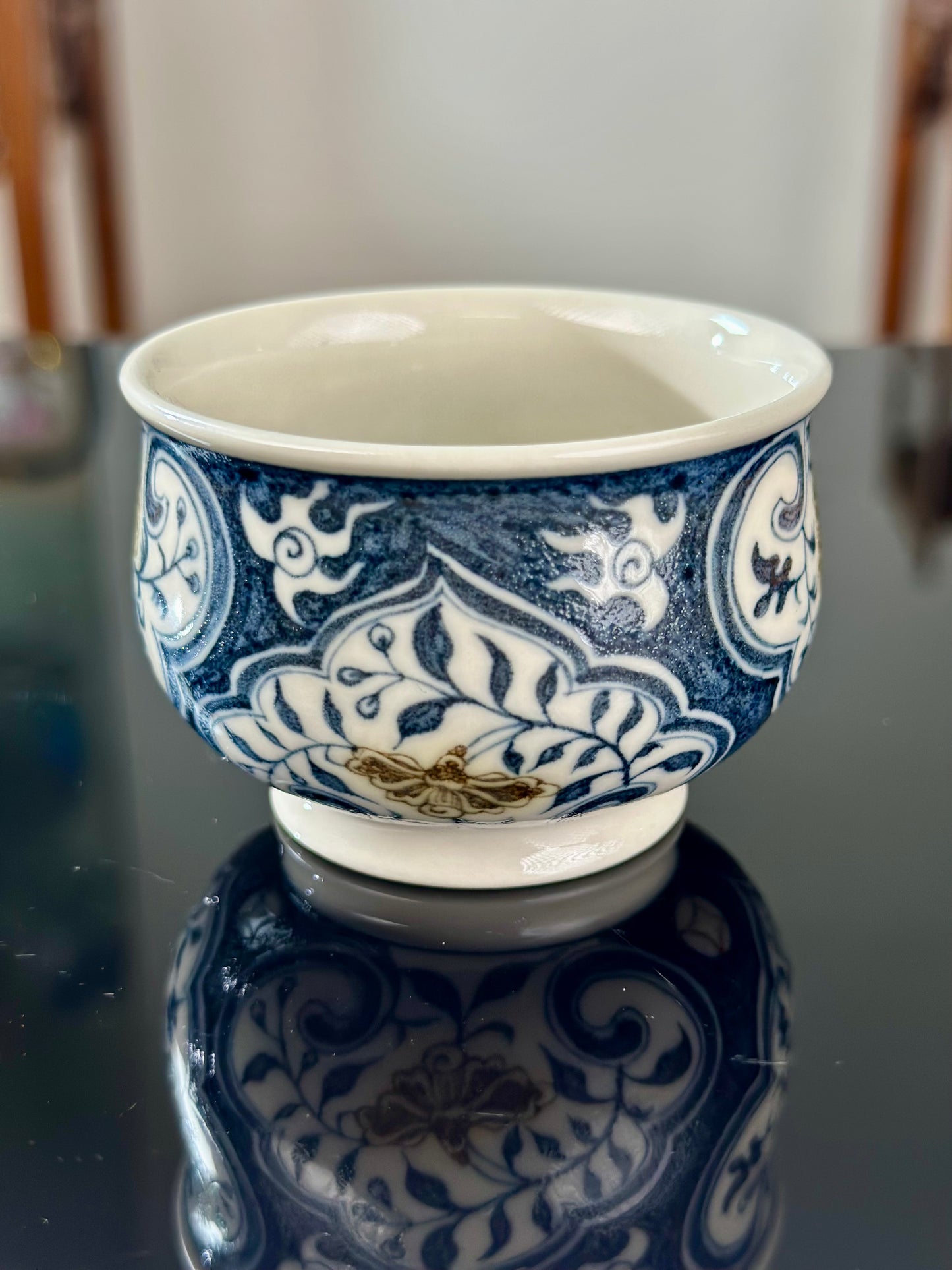 Handpainted Chinese Luxious Blue White Porcelain Underglaze Gold Youlijin Ruyi Pattern Gaiwan Set Artwork Teacup