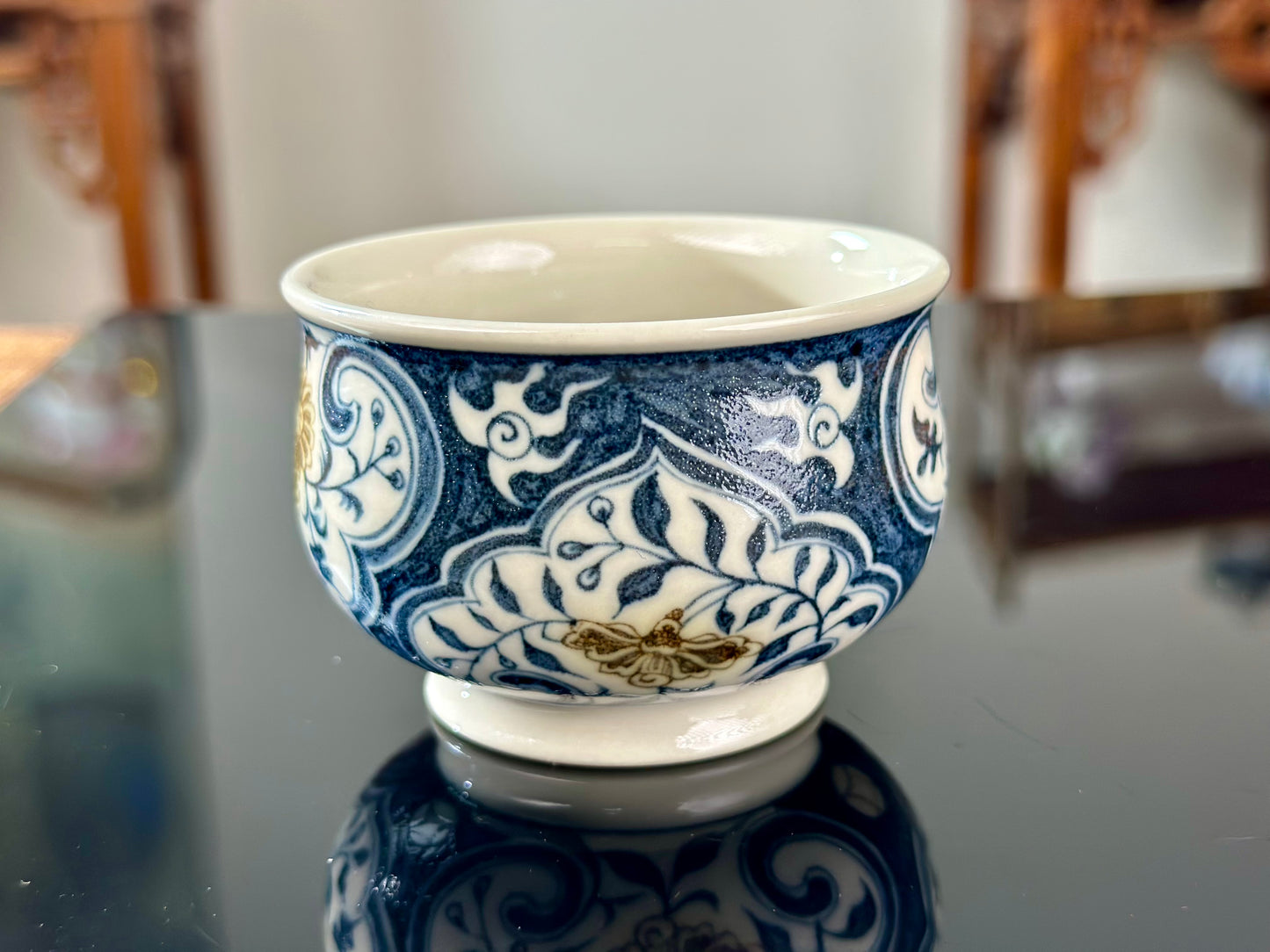 Handpainted Chinese Luxious Blue White Porcelain Underglaze Gold Youlijin Ruyi Pattern Gaiwan Set Artwork Teacup