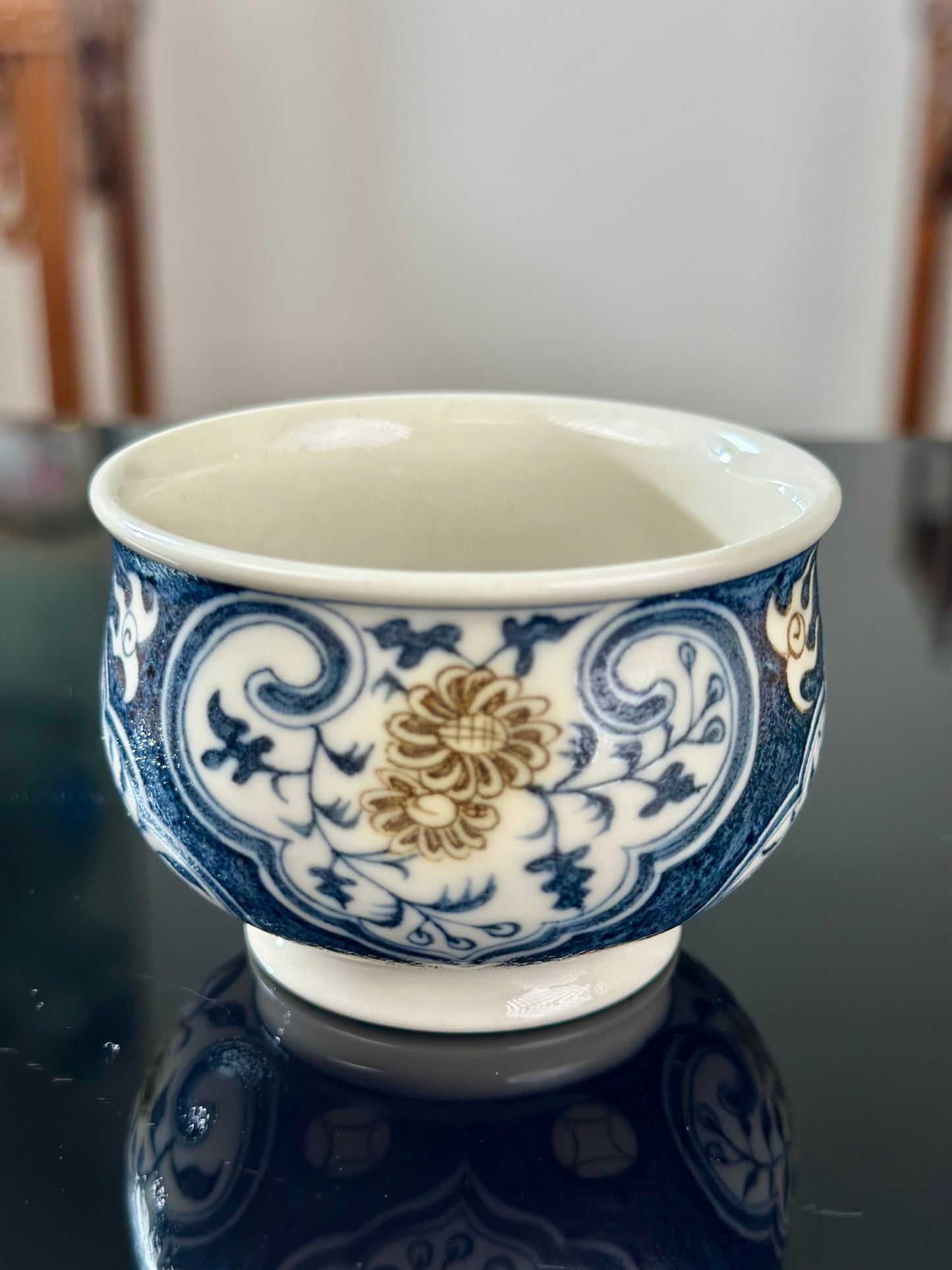 Handpainted Chinese Luxious Blue White Porcelain Underglaze Gold Youlijin Ruyi Pattern Gaiwan Set Artwork Teacup