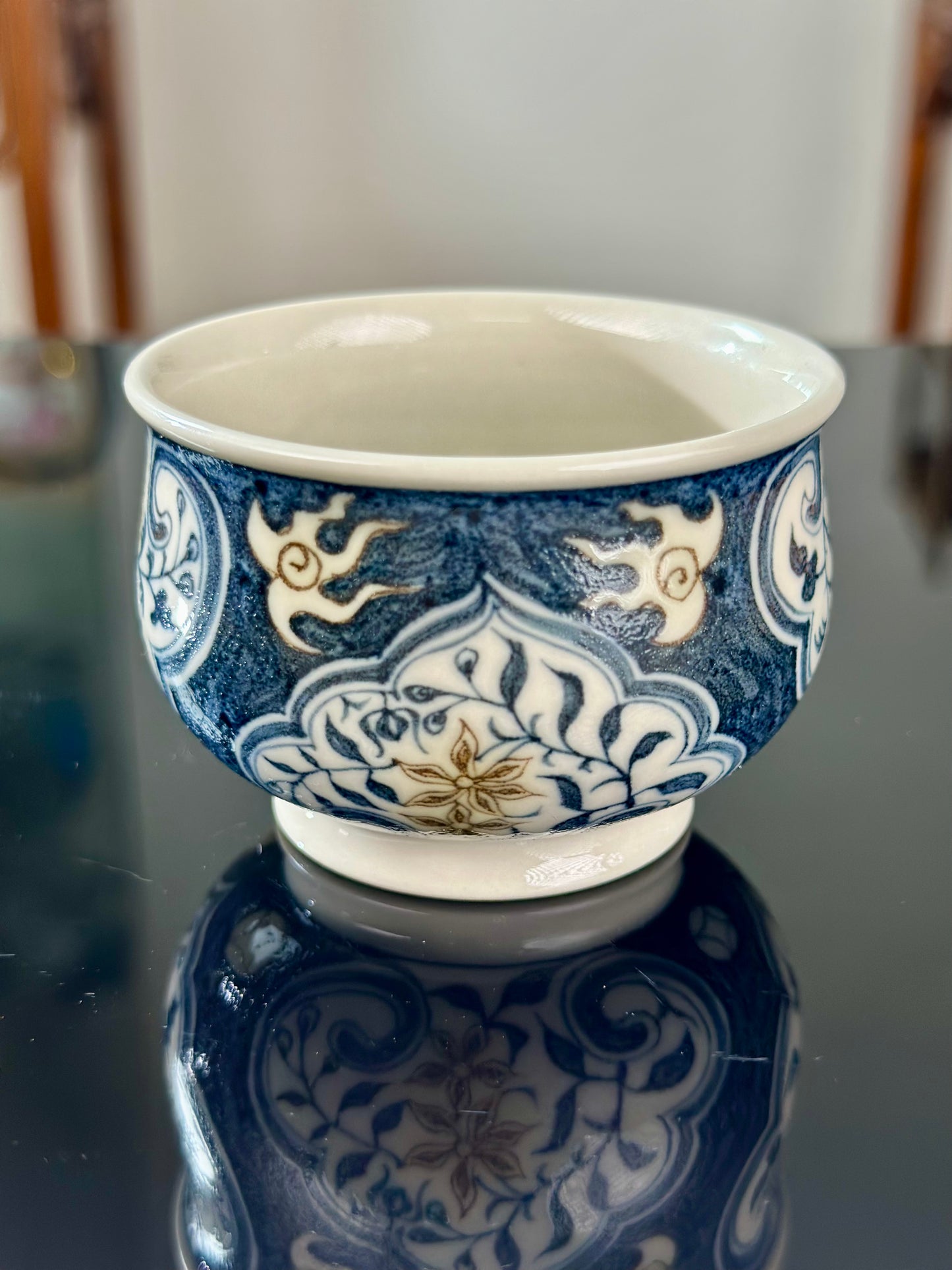 Handpainted Chinese Luxious Blue White Porcelain Underglaze Gold Youlijin Ruyi Pattern Gaiwan Set Artwork Teacup