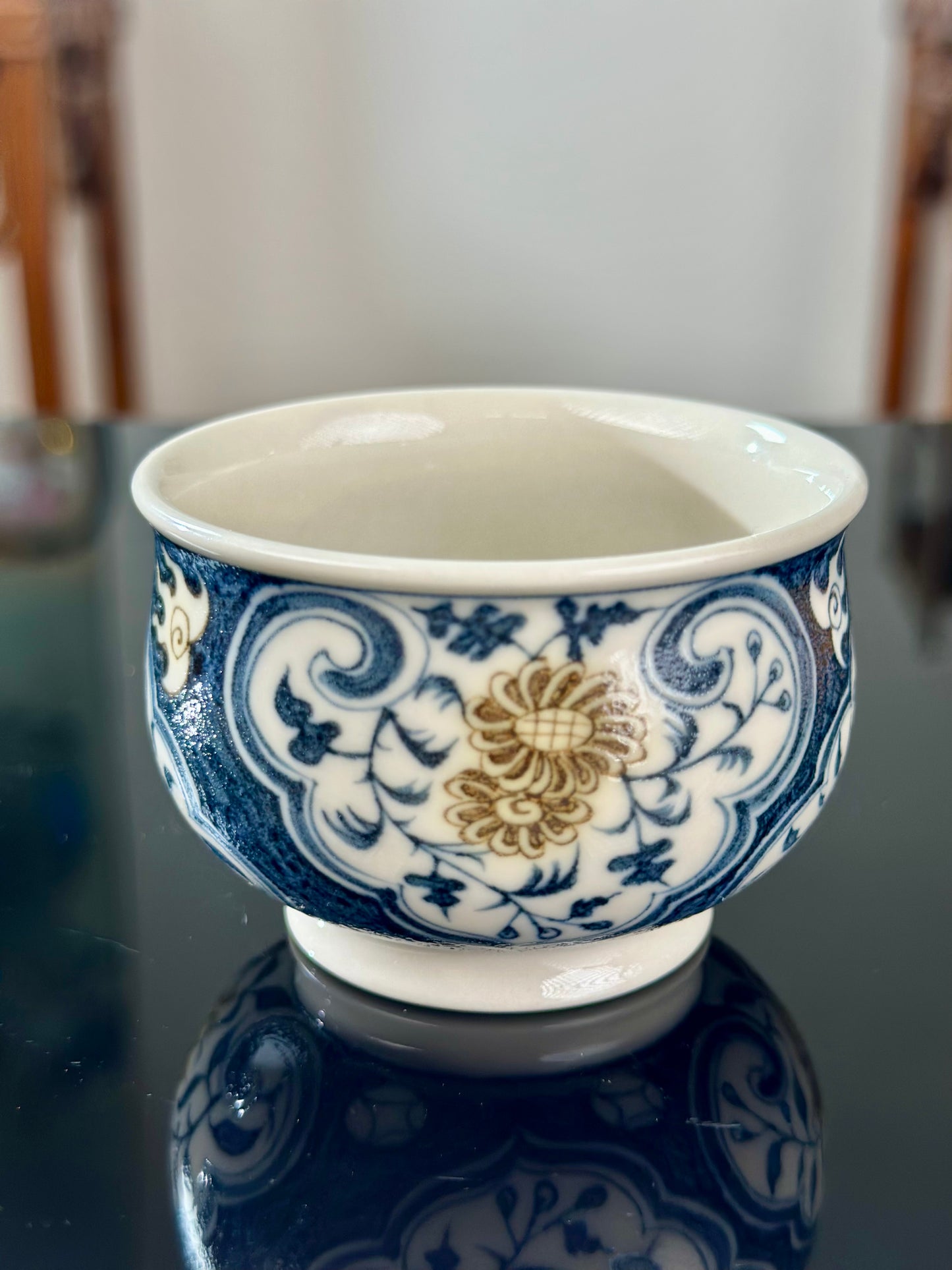 Handpainted Chinese Luxious Blue White Porcelain Underglaze Gold Youlijin Ruyi Pattern Gaiwan Set Artwork Teacup