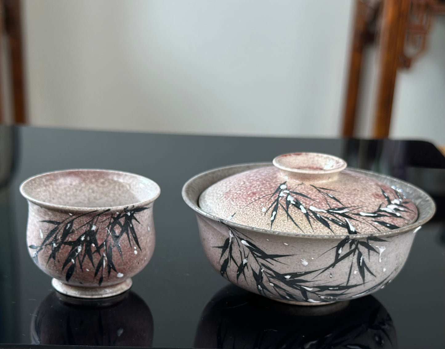 Handmade Woodfired Original Designed Snowing Bamboo Pattern Artwork Gaiwan Teacup Teapot Set