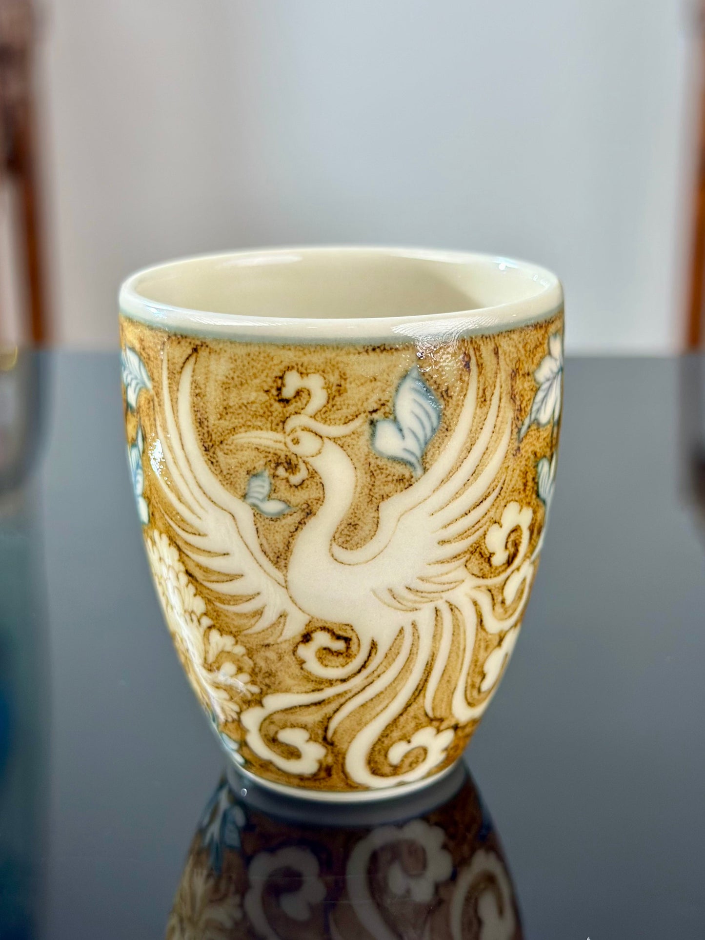 Handpainted Chinese Luxious Blue White Porcelain  Underglaze Gold Youlijin Traditional Phoeni  Pattern Artwork Teacup