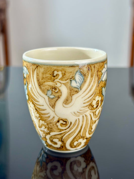 Handpainted Chinese Luxious Blue White Porcelain  Underglaze Gold Youlijin Traditional Phoeni  Pattern Artwork Teacup