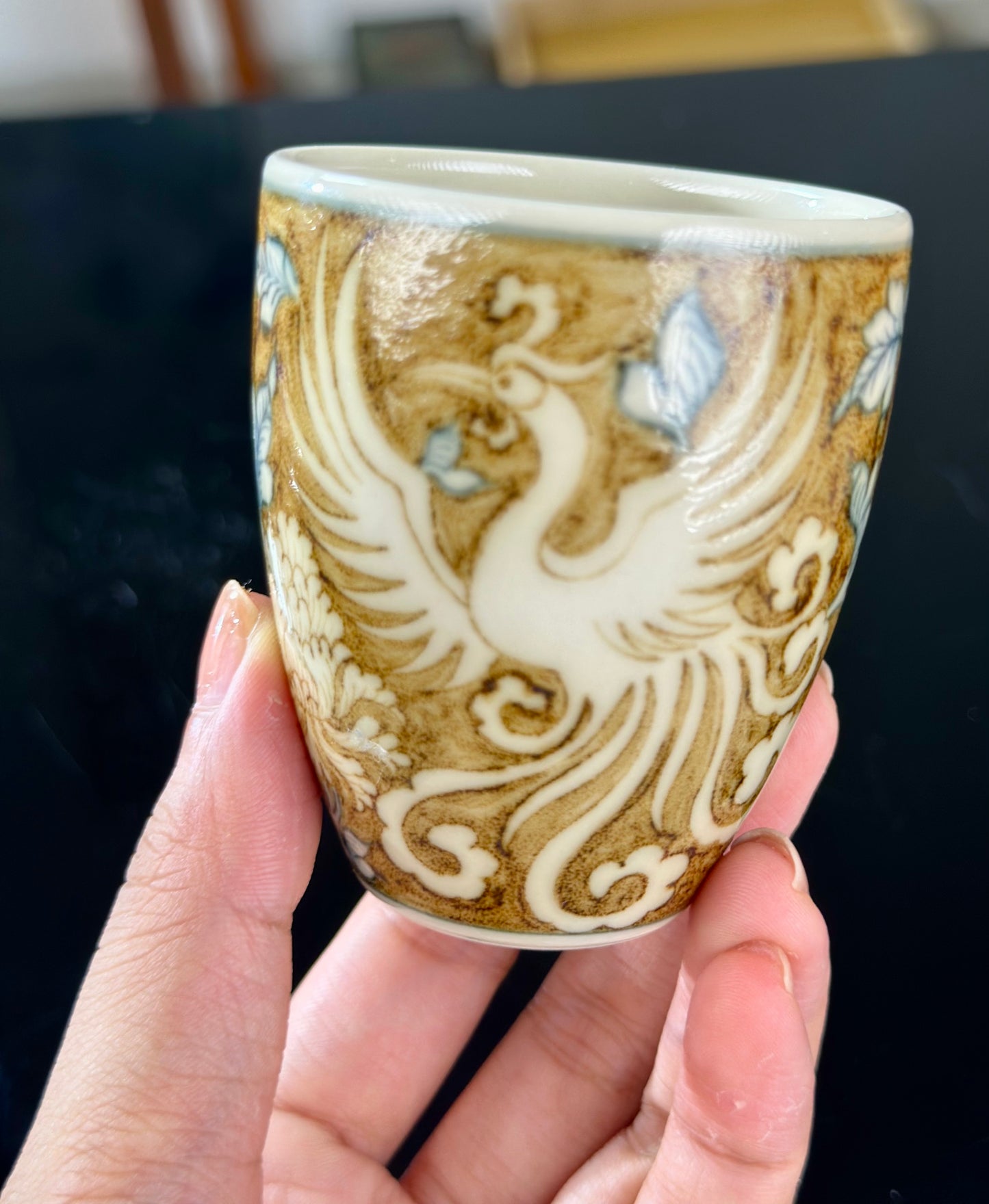 Handpainted Chinese Luxious Blue White Porcelain  Underglaze Gold Youlijin Traditional Phoeni  Pattern Artwork Teacup