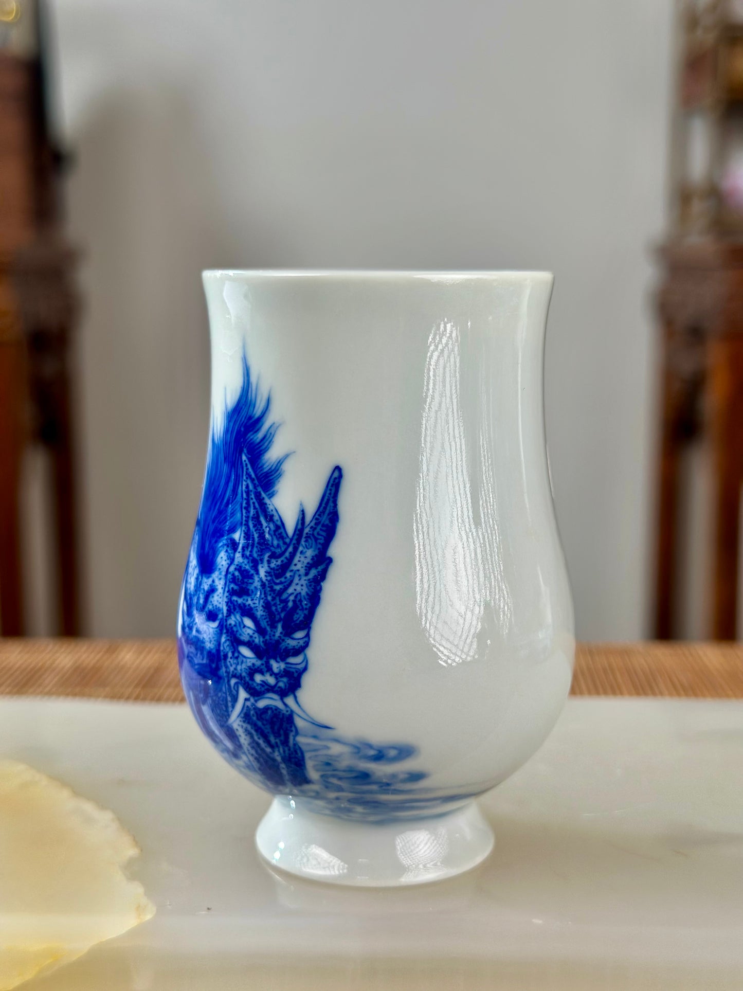 Hand Painted Chinese Blue And White Porcelain Classic Mythical Potrait Xingtian Teacup Jingdezhen Master Ceramic Artwork
