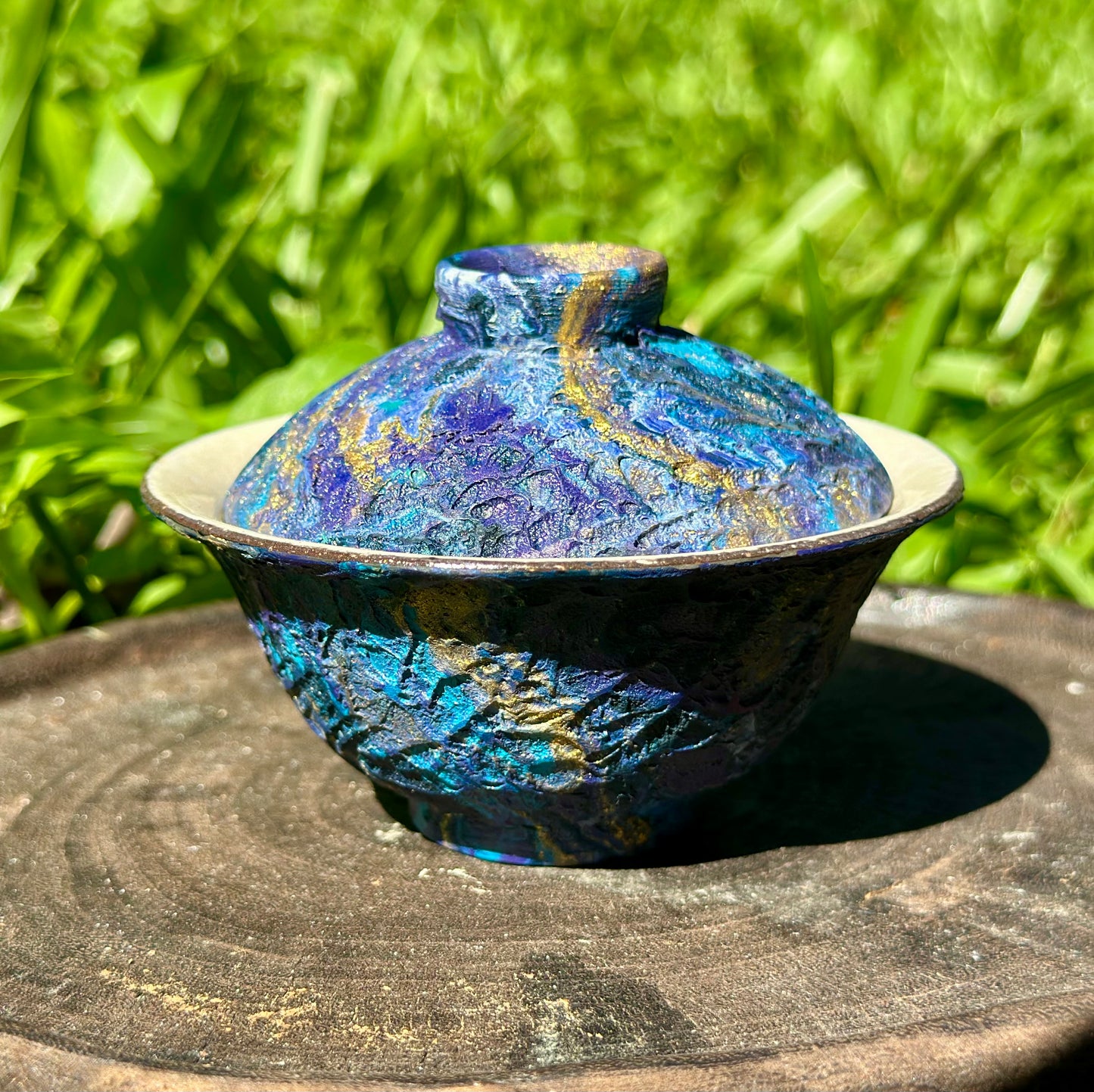Handcrafted Traditional  Artwork Chinese Lacquer Ware Gaiwan pottery Purple Blue Varied Color Teacup Set