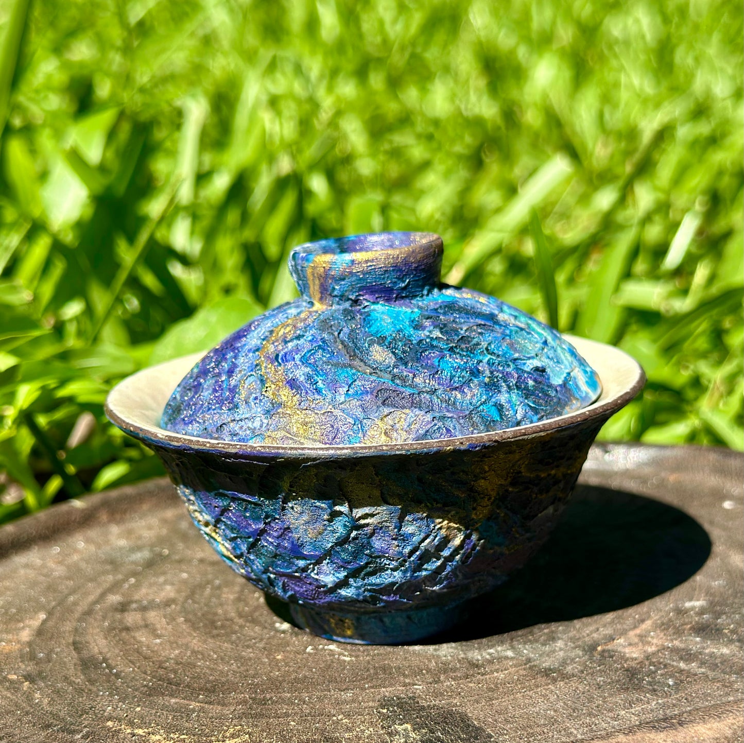 Handcrafted Traditional  Artwork Chinese Lacquer Ware Gaiwan pottery Purple Blue Varied Color Teacup Set