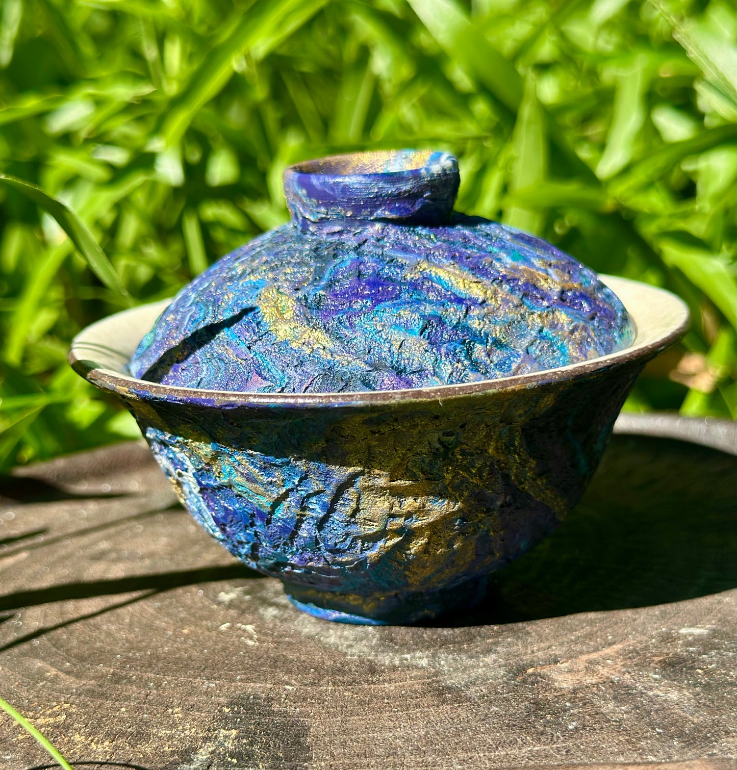 Handcrafted Traditional  Artwork Chinese Lacquer Ware Gaiwan pottery Purple Blue Varied Color Teacup Set