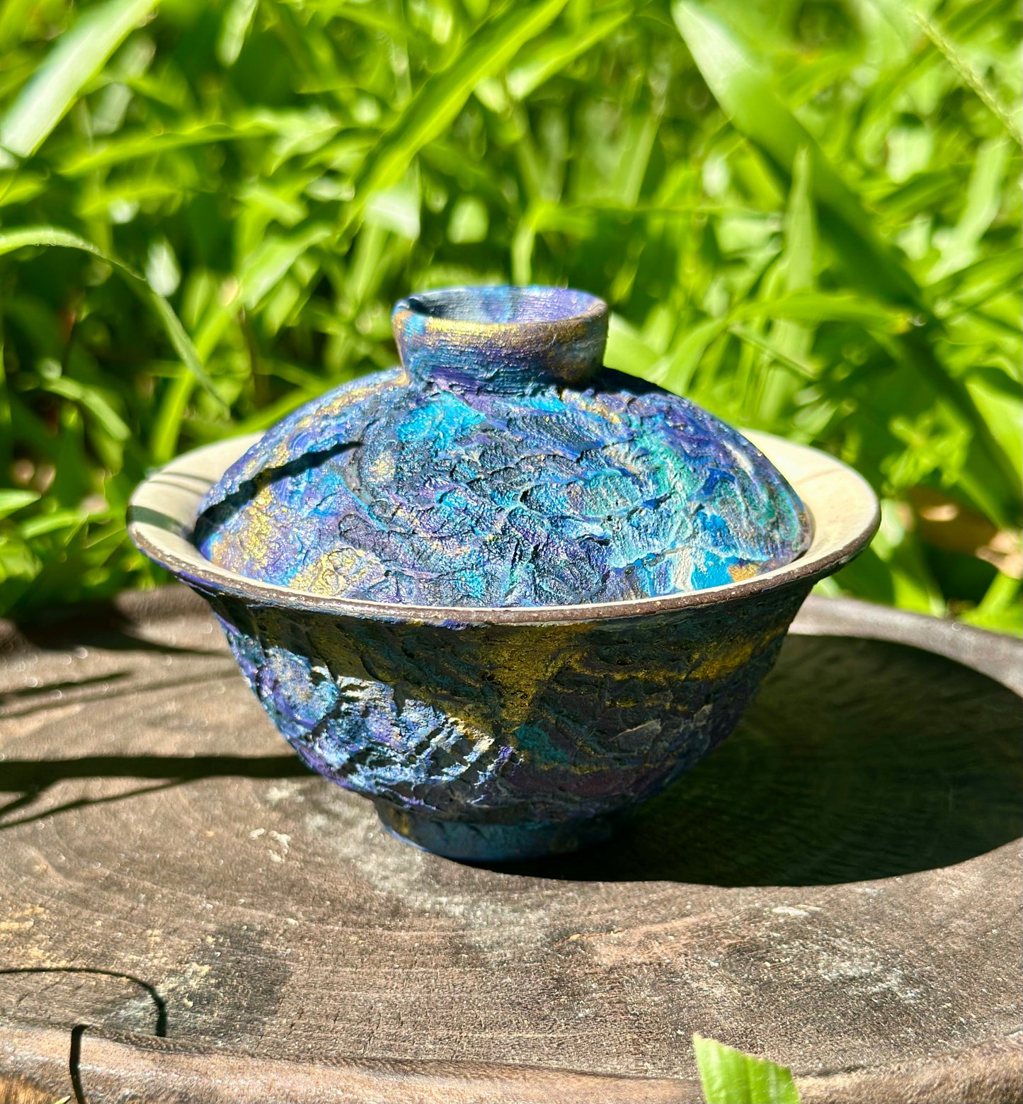 Handcrafted Traditional  Artwork Chinese Lacquer Ware Gaiwan pottery Purple Blue Varied Color Teacup Set
