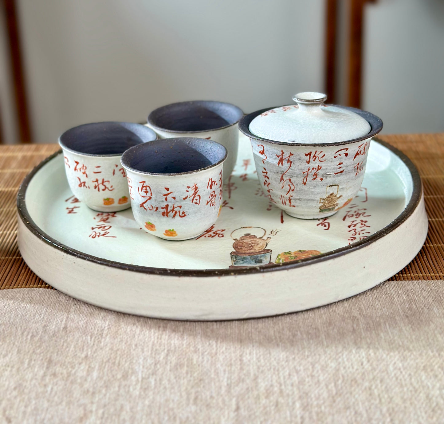 Handmade Gaiwan Artwork Zen Jingdezhen Style Chinese Hand Painted Chinese Calligraphy Pottery Gongfu Cha Teaware  TeaSet