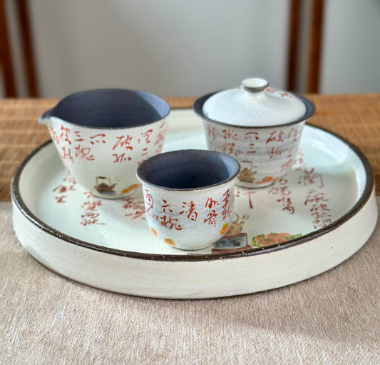 Handmade Gaiwan Artwork Zen Jingdezhen Style Chinese Hand Painted Chinese Calligraphy Pottery Gongfu Cha Teaware  TeaSet