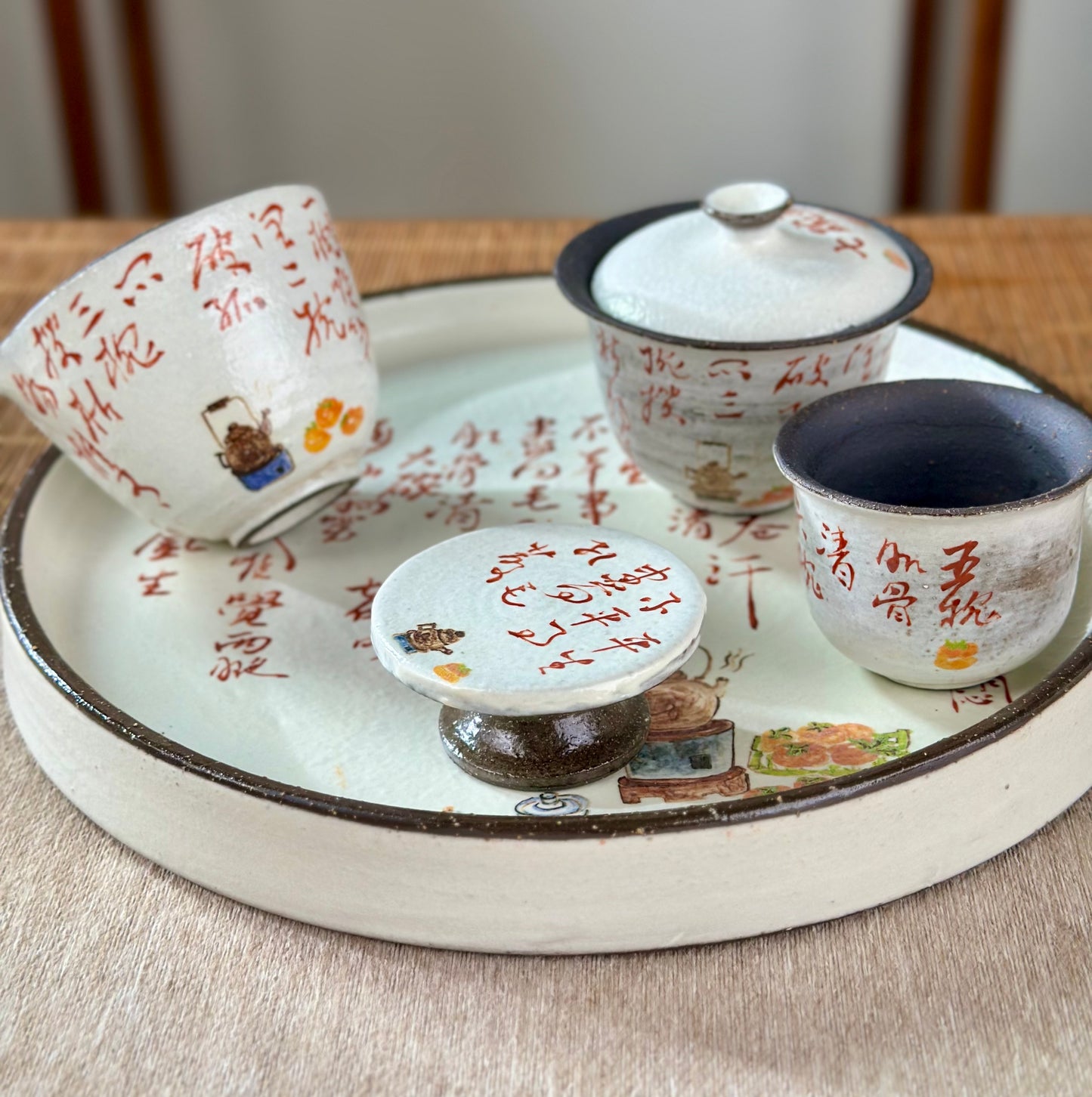Handmade Gaiwan Artwork Zen Jingdezhen Style Chinese Hand Painted Chinese Calligraphy Pottery Gongfu Cha Teaware  TeaSet
