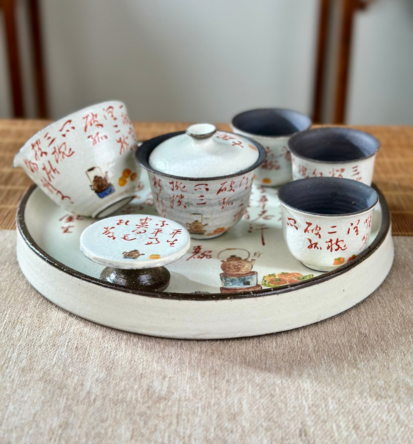 Handmade Gaiwan Artwork Zen Jingdezhen Style Chinese Hand Painted Chinese Calligraphy Pottery Gongfu Cha Teaware  TeaSet