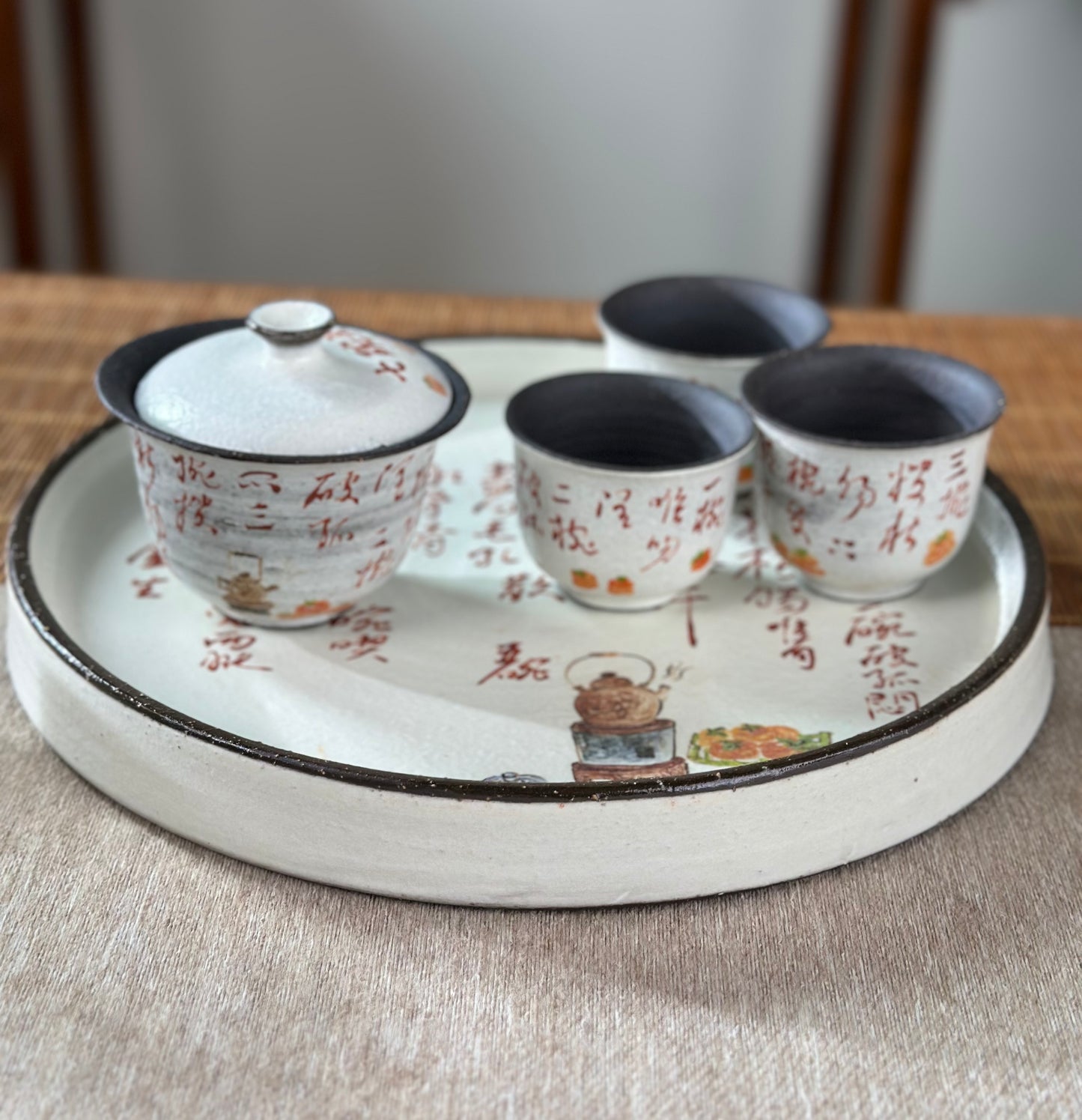 Handmade Gaiwan Artwork Zen Jingdezhen Style Chinese Hand Painted Chinese Calligraphy Pottery Gongfu Cha Teaware  TeaSet