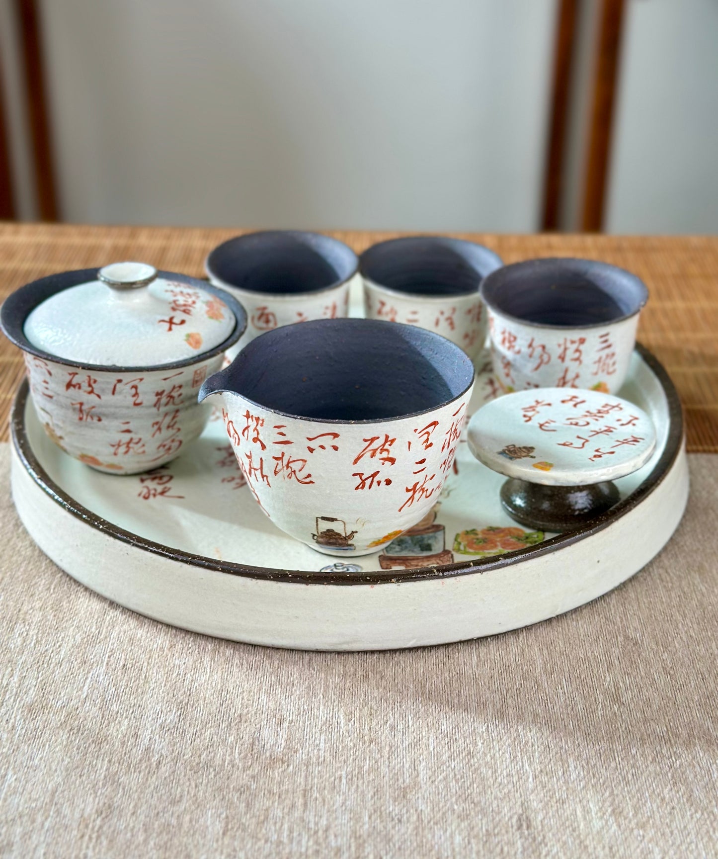 Handmade Gaiwan Artwork Zen Jingdezhen Style Chinese Hand Painted Chinese Calligraphy Pottery Gongfu Cha Teaware  TeaSet