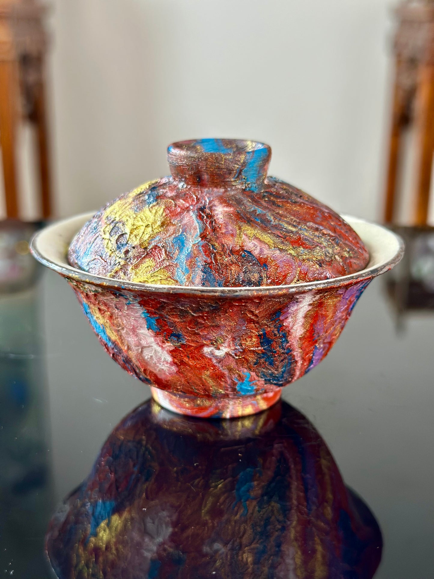 Handcrafted Traditional Chinese Lacquer Ware PRed Blue Gaiwan Pottery Varied Color Teacup Set