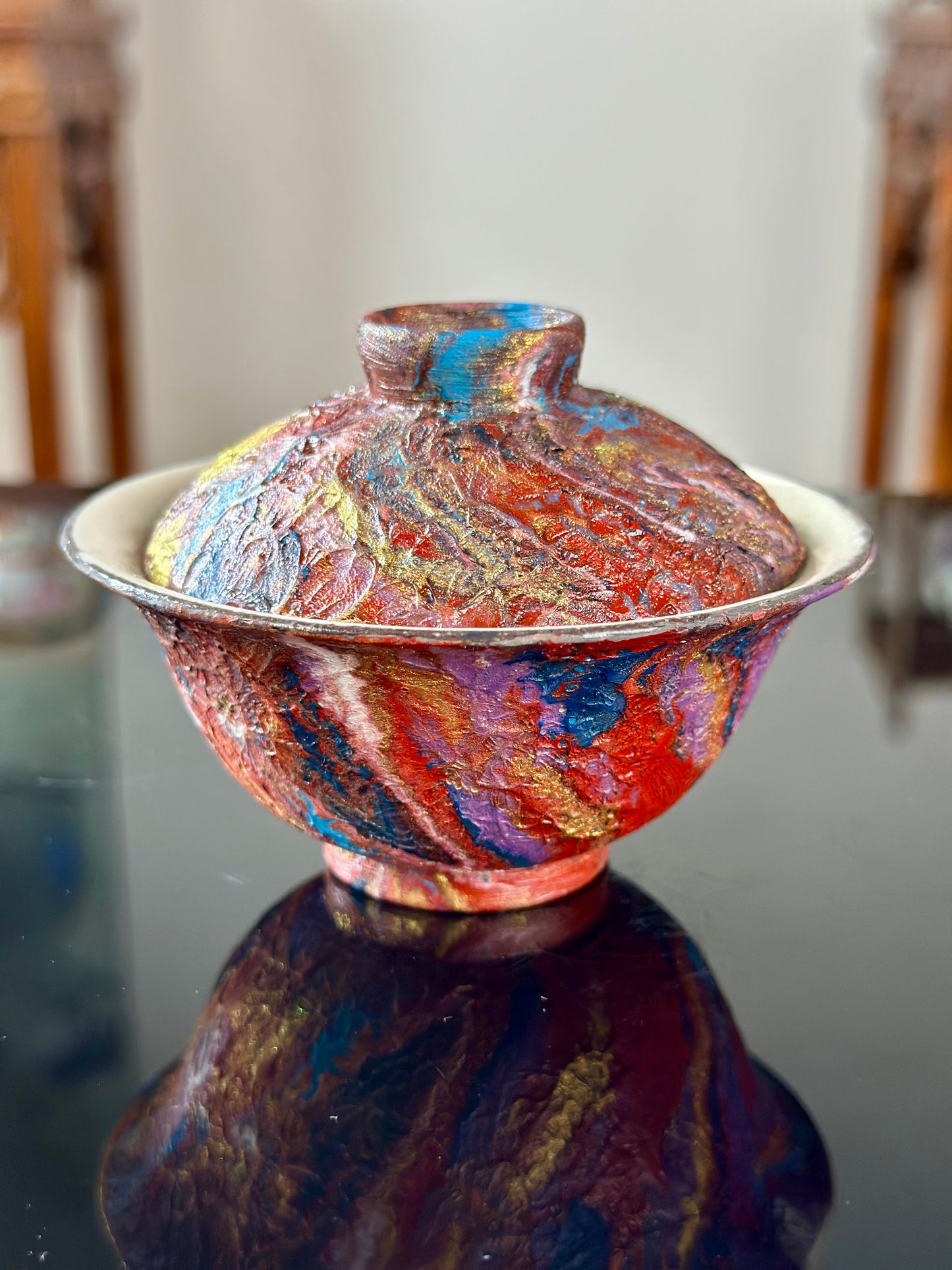 Handcrafted Traditional Chinese Lacquer Ware PRed Blue Gaiwan Pottery Varied Color Teacup Set