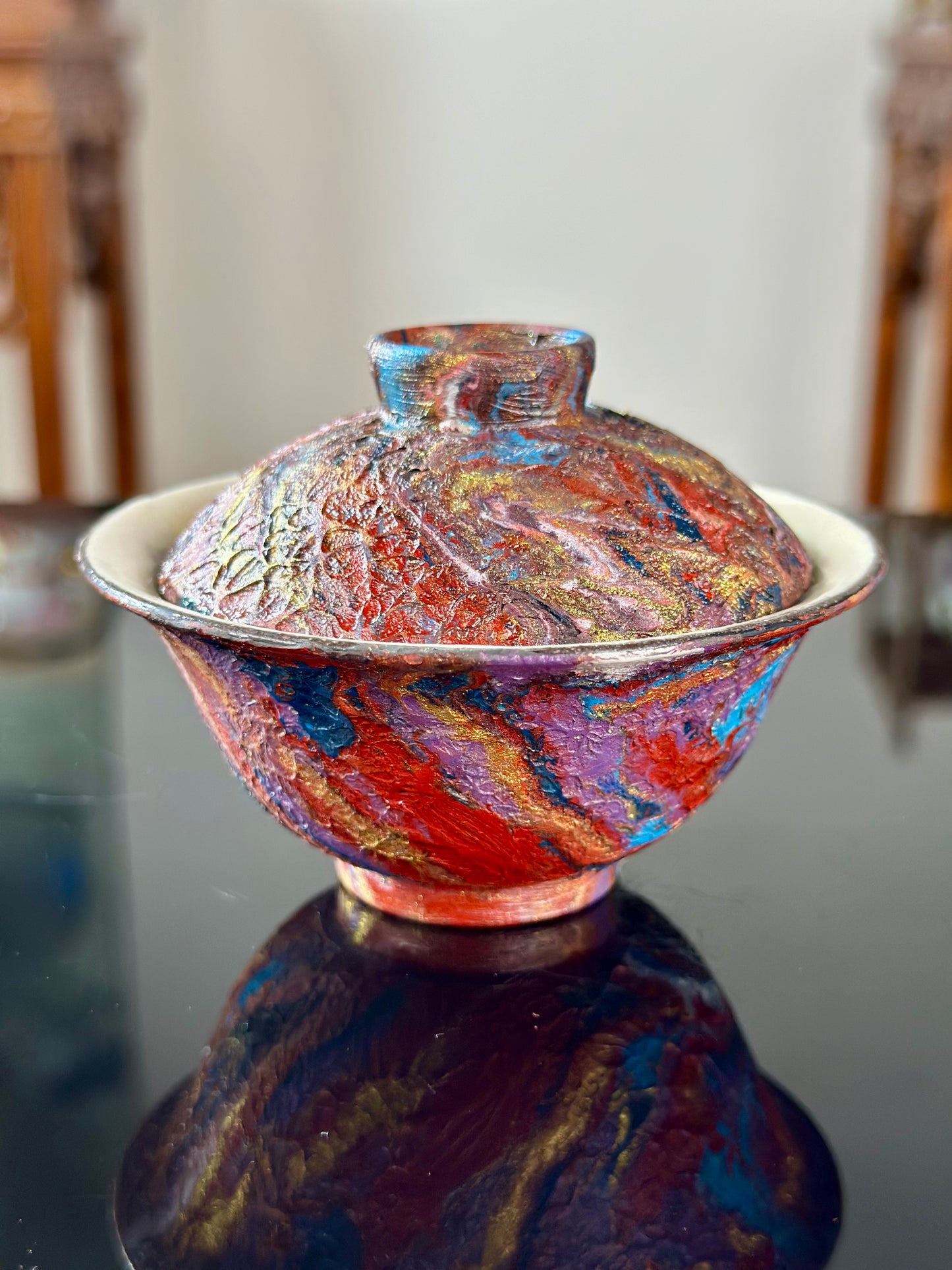 Handcrafted Traditional Chinese Lacquer Ware PRed Blue Gaiwan Pottery Varied Color Teacup Set