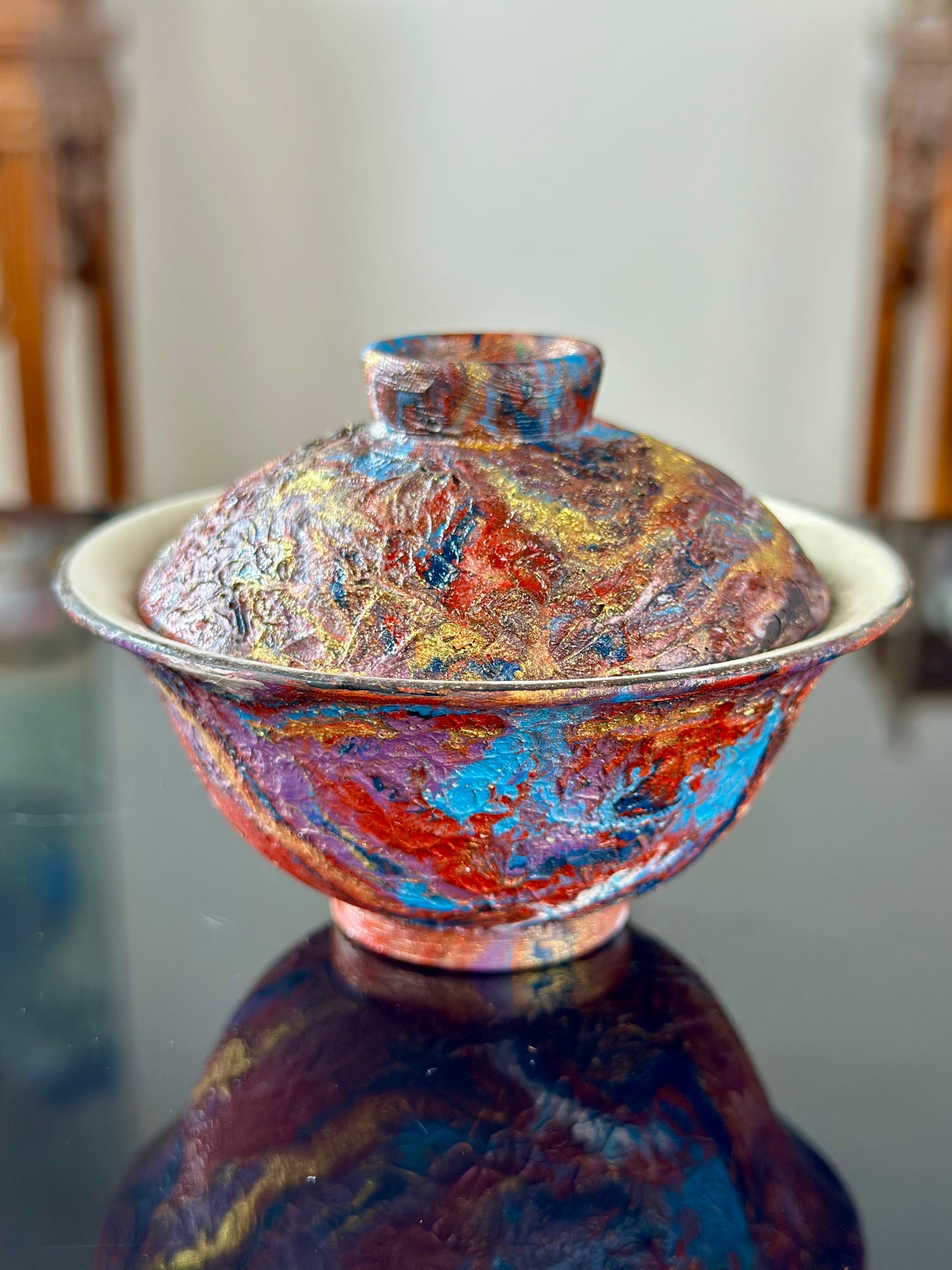 Handcrafted Traditional Chinese Lacquer Ware PRed Blue Gaiwan Pottery Varied Color Teacup Set
