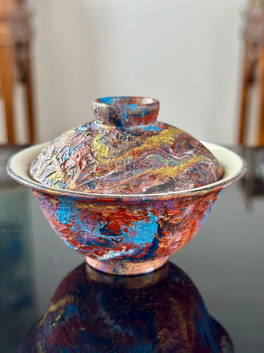 Handcrafted Traditional Chinese Lacquer Ware PRed Blue Gaiwan Pottery Varied Color Teacup Set