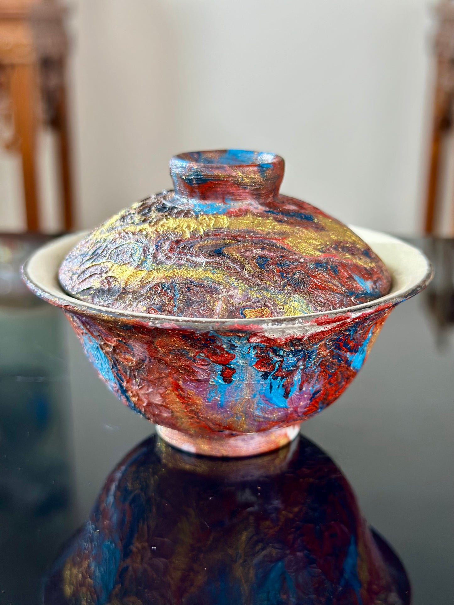Handcrafted Traditional Chinese Lacquer Ware PRed Blue Gaiwan Pottery Varied Color Teacup Set