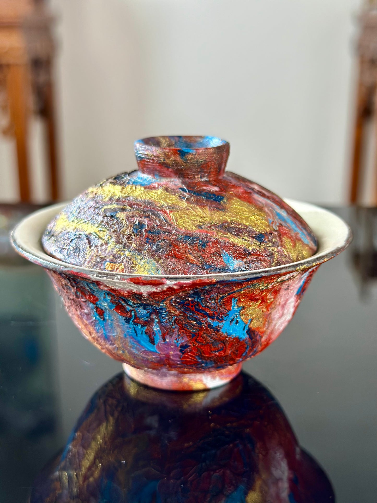 Handcrafted Traditional Chinese Lacquer Ware PRed Blue Gaiwan Pottery Varied Color Teacup Set