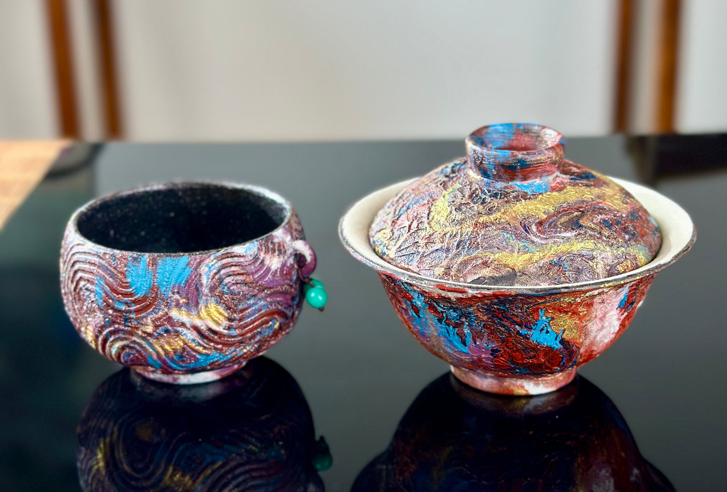 Handcrafted Traditional Chinese Lacquer Ware PRed Blue Gaiwan Pottery Varied Color Teacup Set