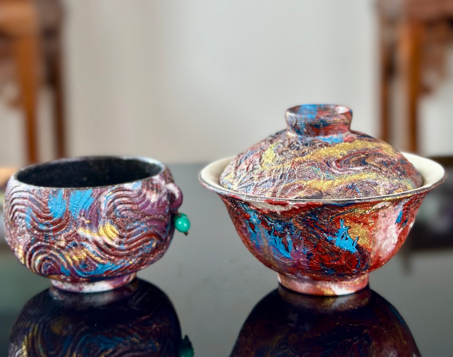 Handcrafted Traditional Chinese Lacquer Ware PRed Blue Gaiwan Pottery Varied Color Teacup Set