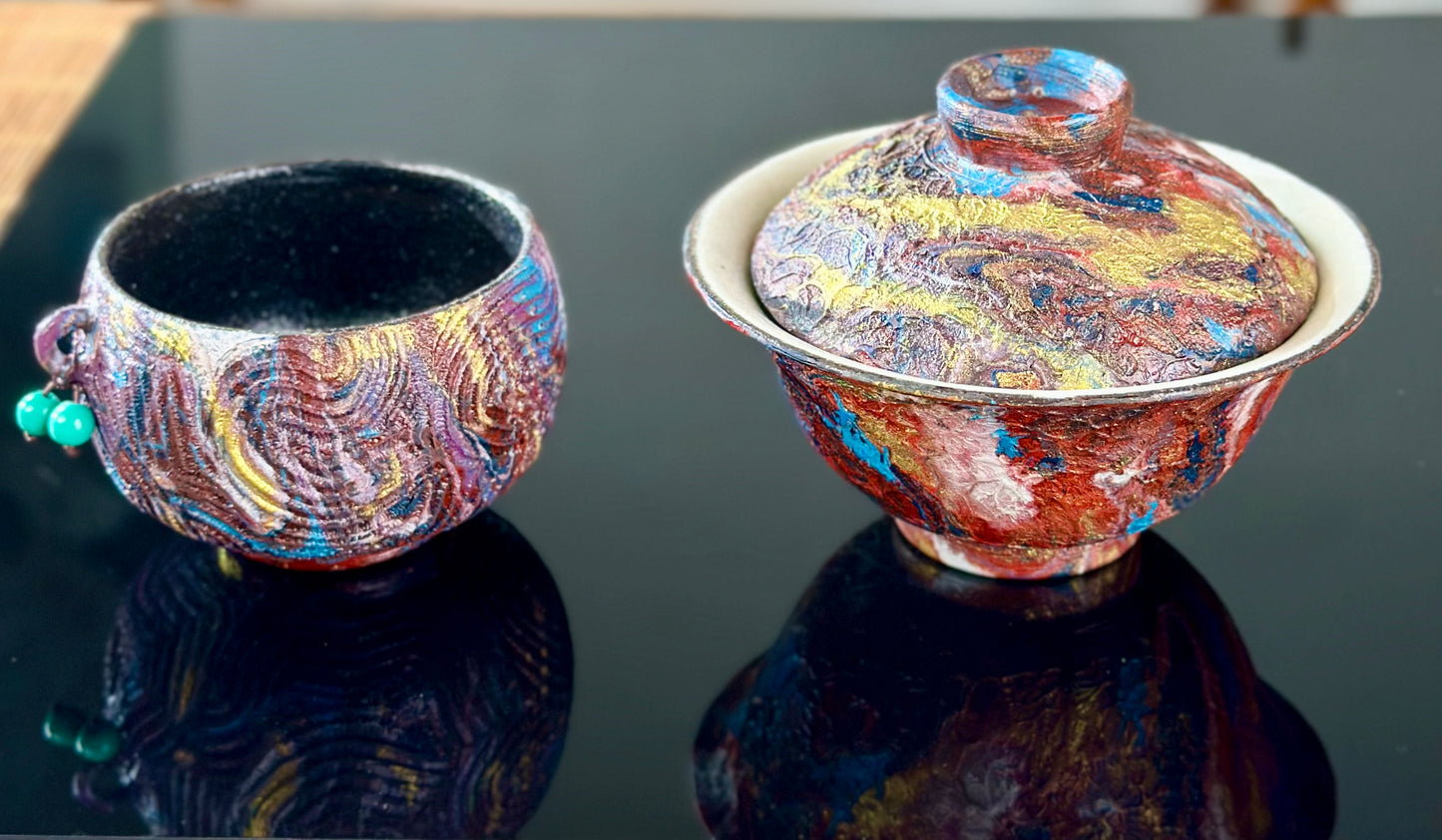 Handcrafted Traditional Chinese Lacquer Ware PRed Blue Gaiwan Pottery Varied Color Teacup Set
