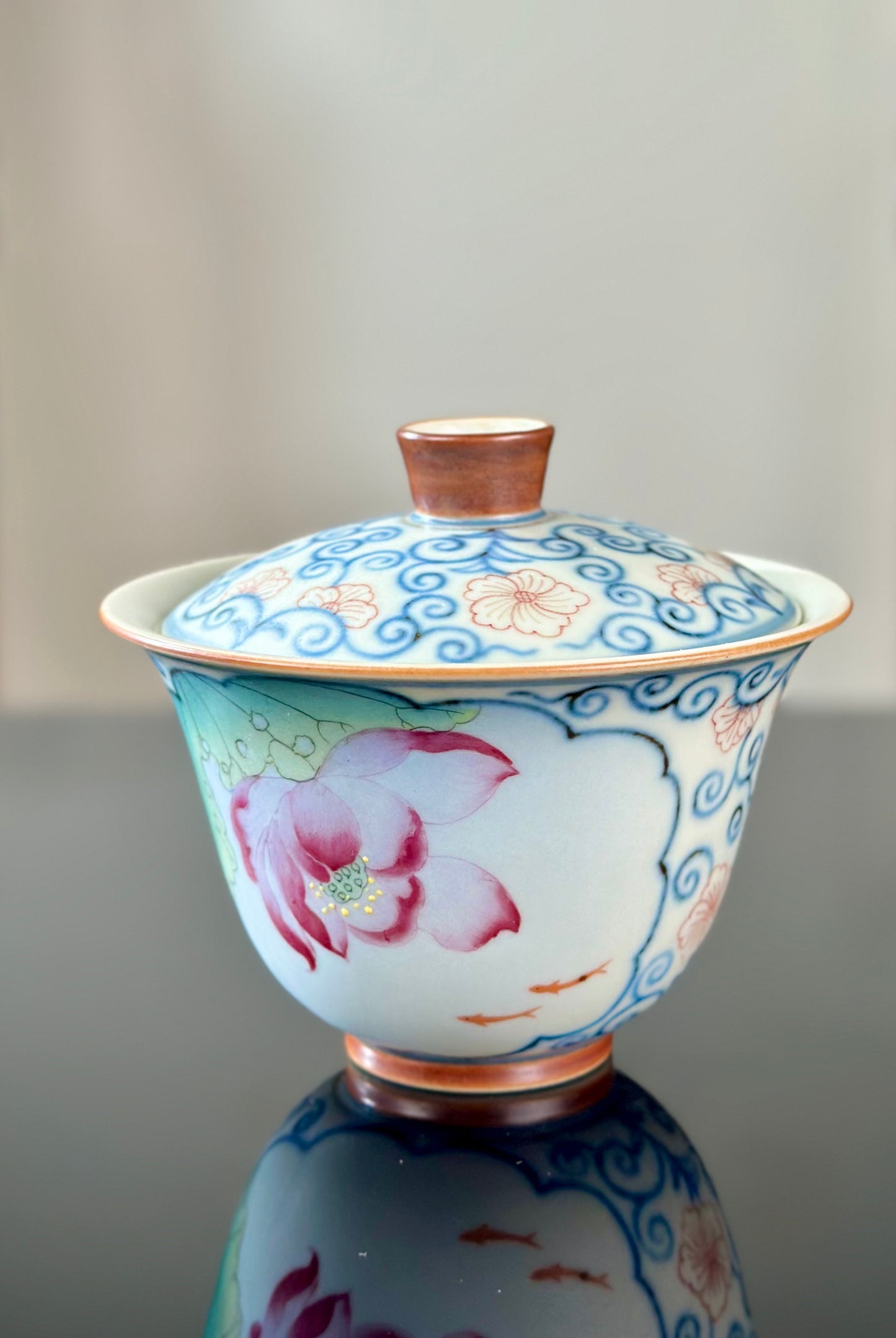 Handpainted Chinese Famille Rose Fencai Lotus Pattern Jingdezhen Master Teacup Gaiwan Tea Set