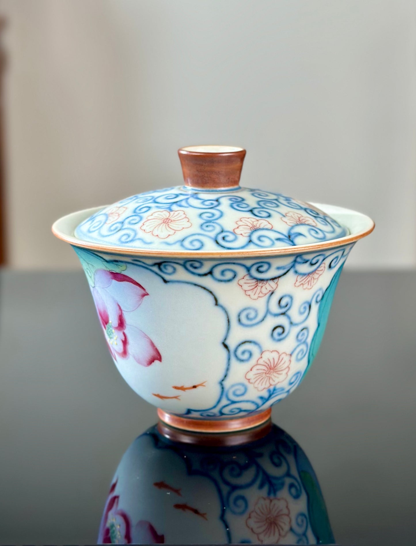Handpainted Chinese Famille Rose Fencai Lotus Pattern Jingdezhen Master Teacup Gaiwan Tea Set