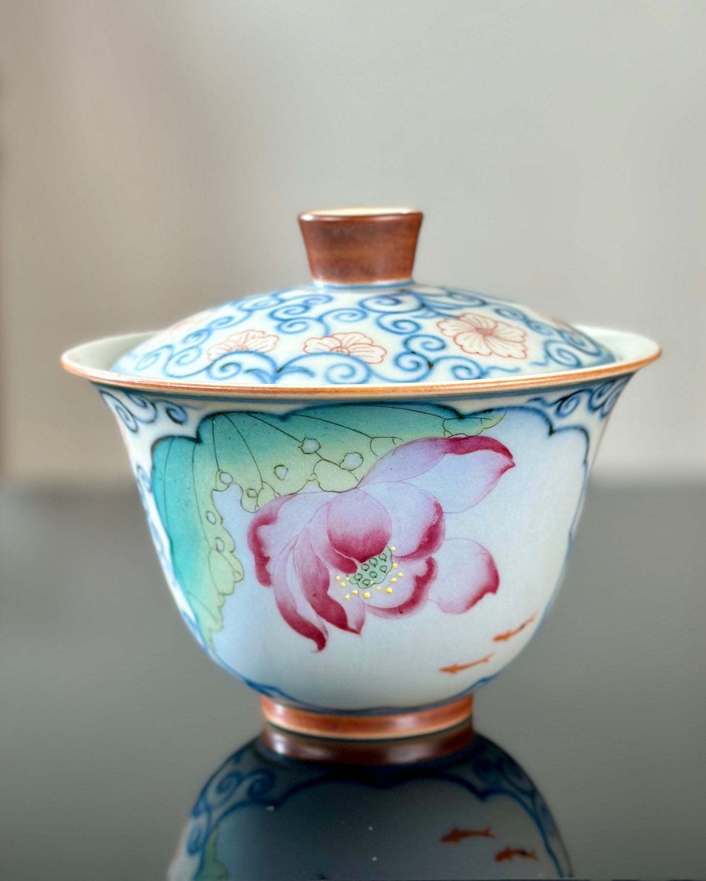 Handpainted Chinese Famille Rose Fencai Lotus Pattern Jingdezhen Master Teacup Gaiwan Tea Set
