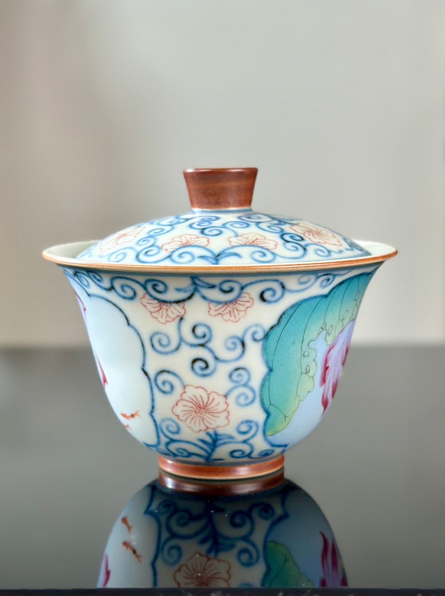 Handpainted Chinese Famille Rose Fencai Lotus Pattern Jingdezhen Master Teacup Gaiwan Tea Set