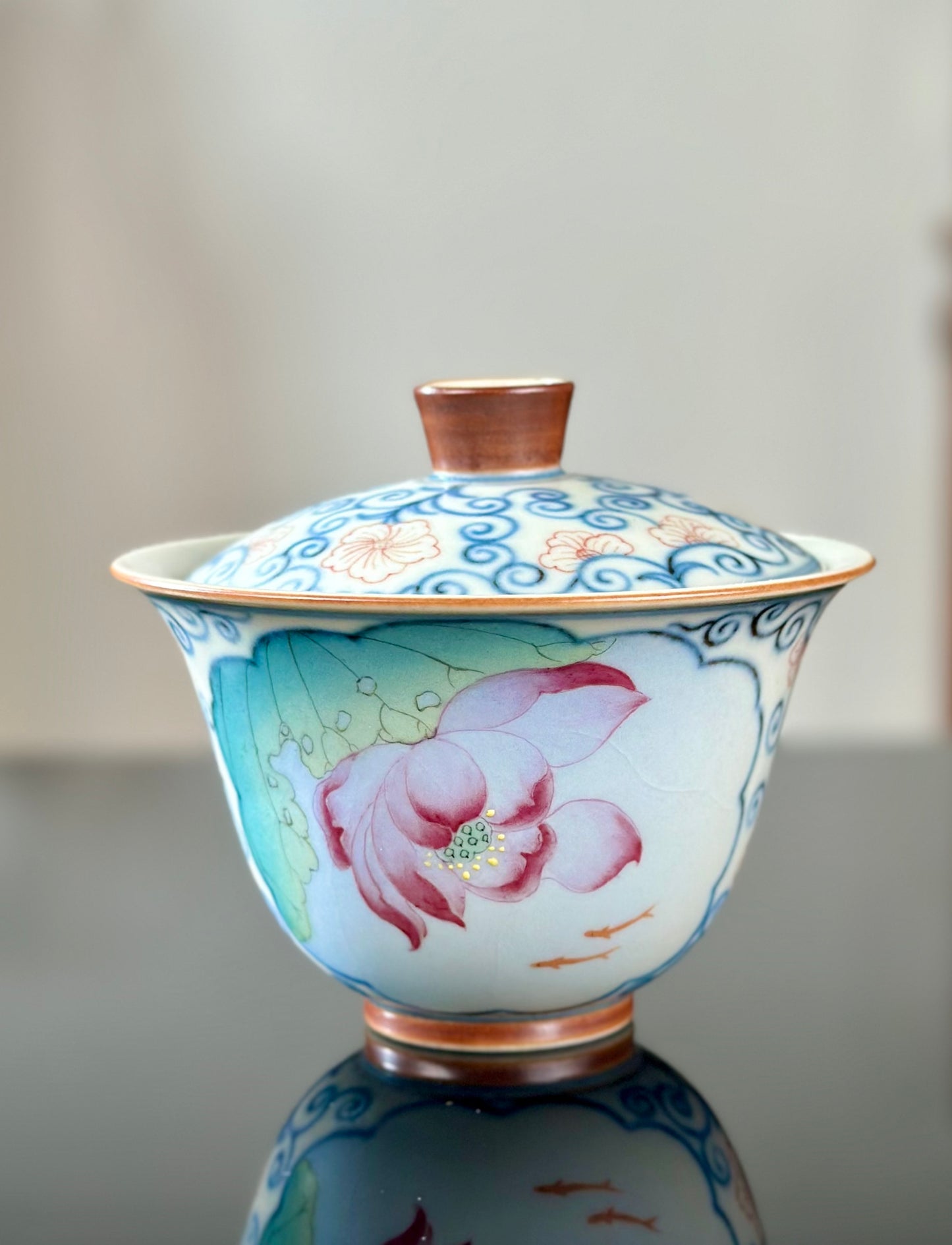 Handpainted Chinese Famille Rose Fencai Lotus Pattern Jingdezhen Master Teacup Gaiwan Tea Set