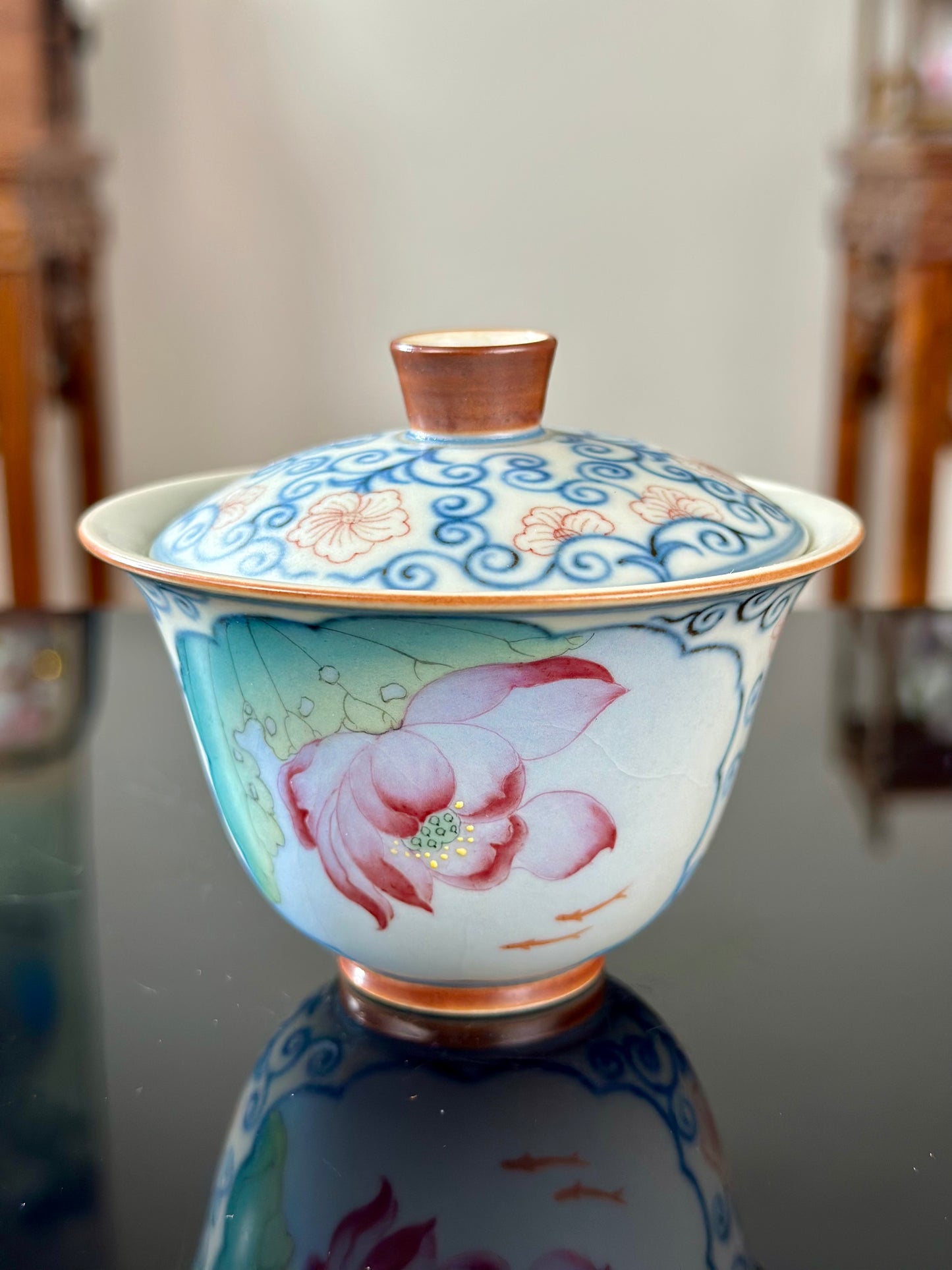 Handpainted Chinese Famille Rose Fencai Lotus Pattern Jingdezhen Master Teacup Gaiwan Tea Set