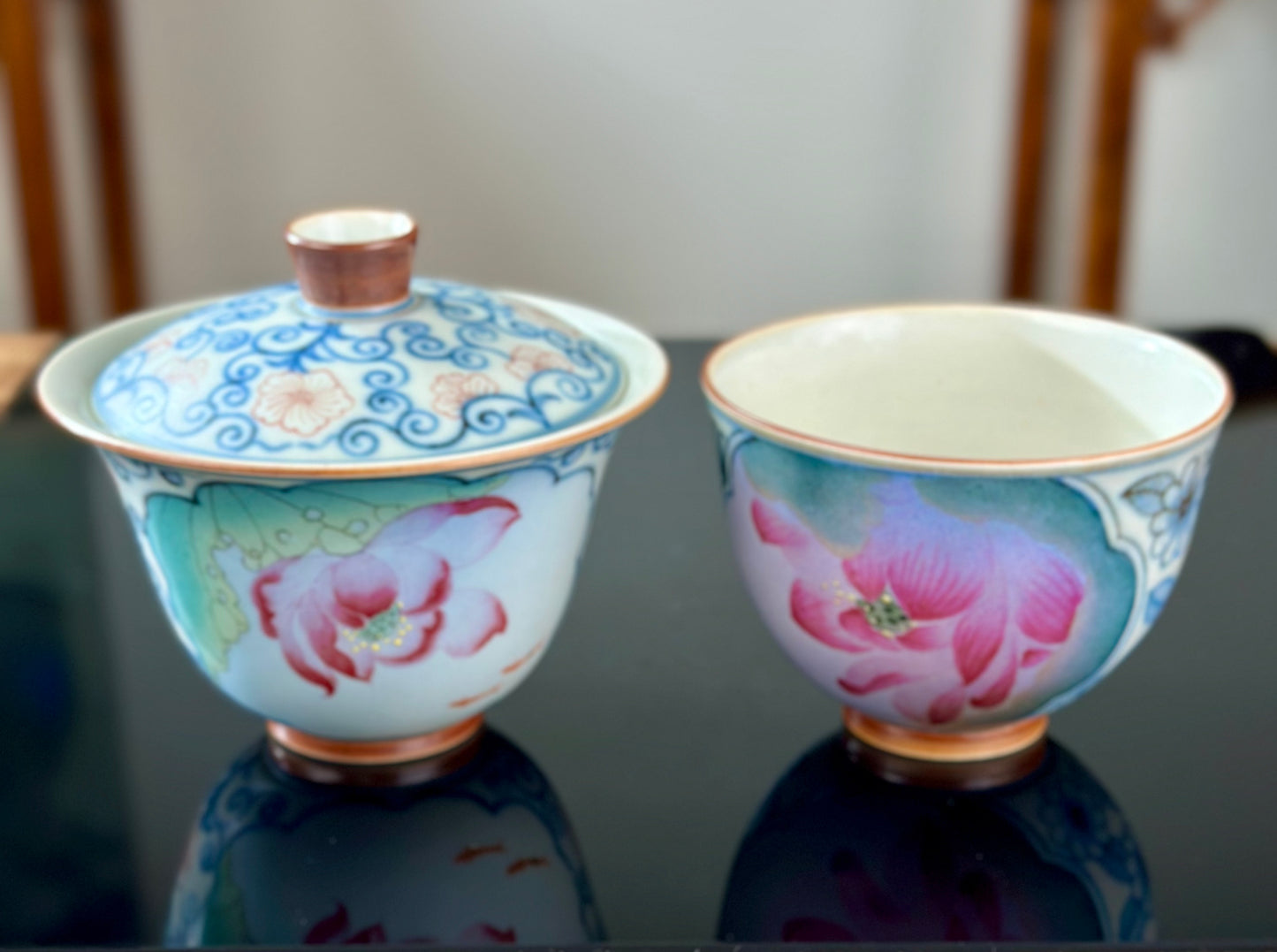 Handpainted Chinese Famille Rose Fencai Lotus Pattern Jingdezhen Master Teacup Gaiwan Tea Set