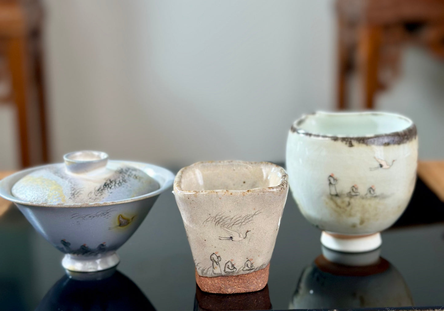 Handpainted Chinese Shino Glazed Zen Style Gaiwan Teacup Fair Cup Set Artwork
