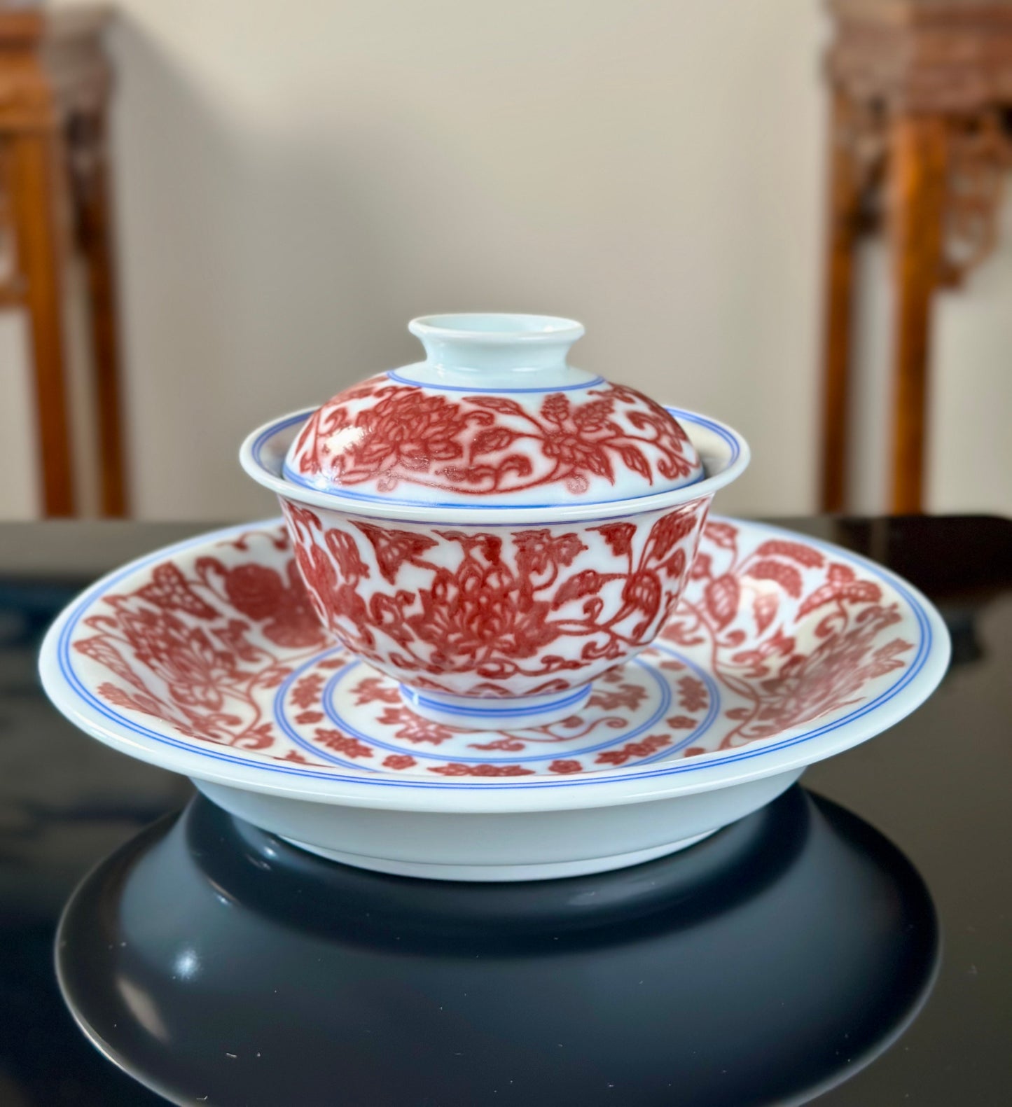 Hand Painted Chinese Lotus Underglaze Red Youlihong Jingdezhen Gaiwan Tea Boat Tea Tray Tea Set  Master Ceramic