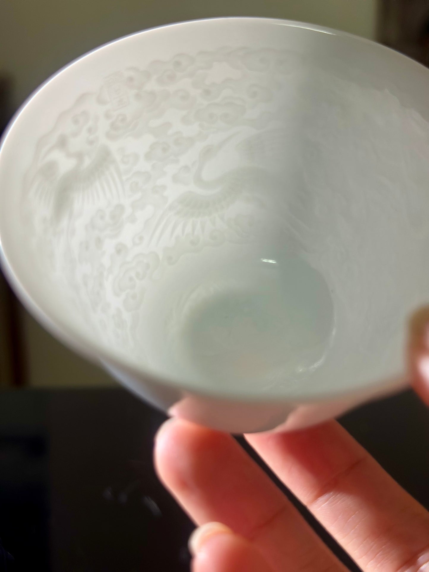Handmade Chinese Jingdezhen Artwork Intimal Imprint Neimoyin Chinese Crane Super Thin Teacup