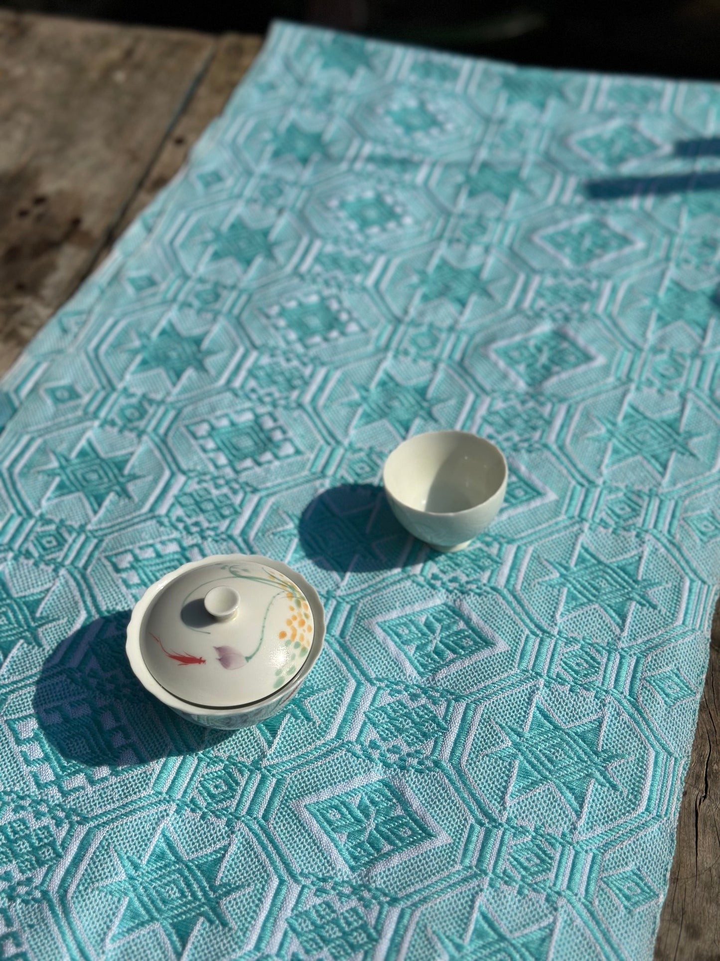 High-end Handcrafted Anise Pattern Chinese Glacier Blue Pattern Zhuang Brocade Silk Cloth Scarf Tea Table Cloth