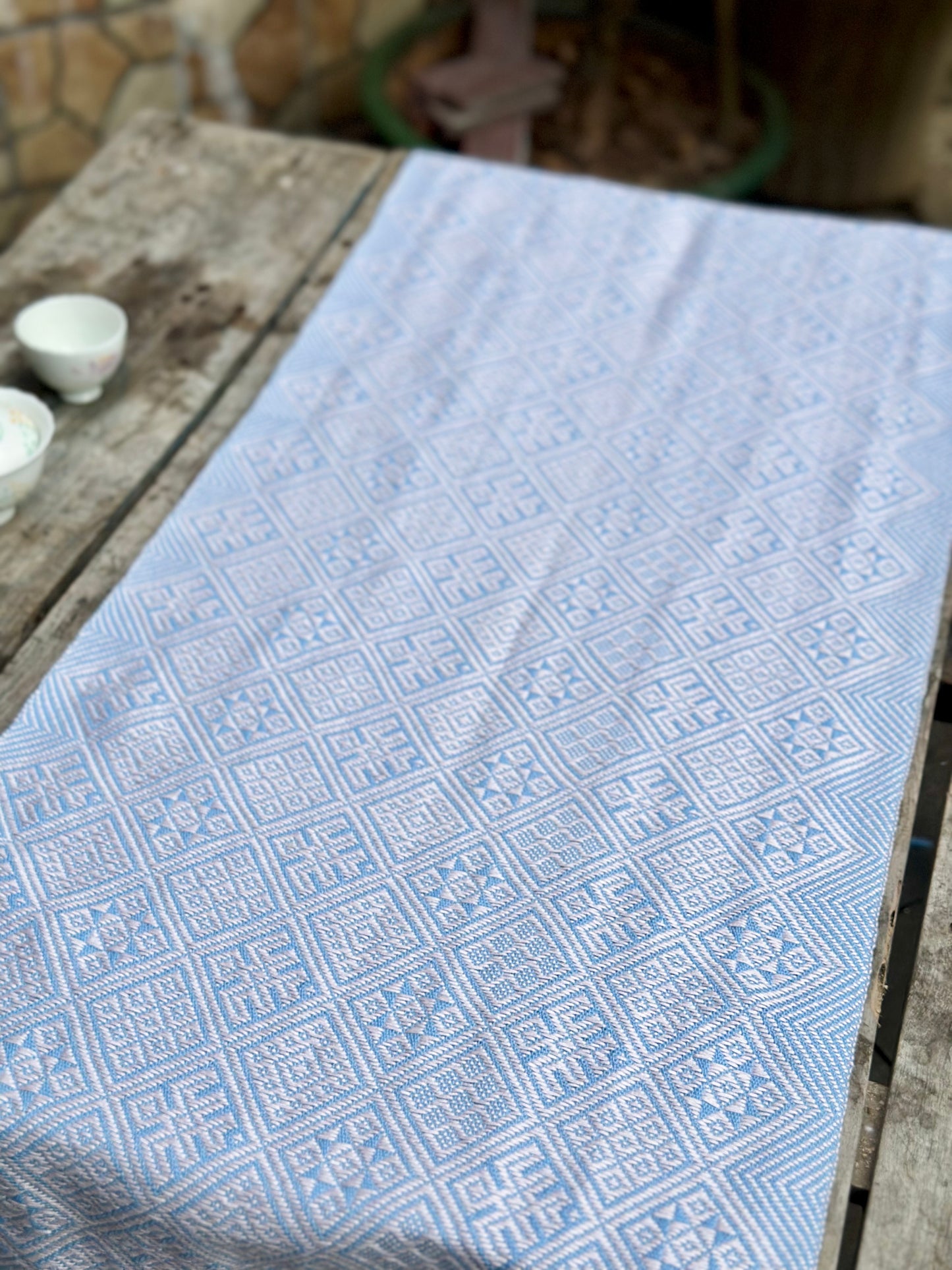 High-end Handcrafted  Swallow Field Anise Pattern Chinese Blue white Zhuang Brocade Silk Cloth Scarf Tea Table Cloth