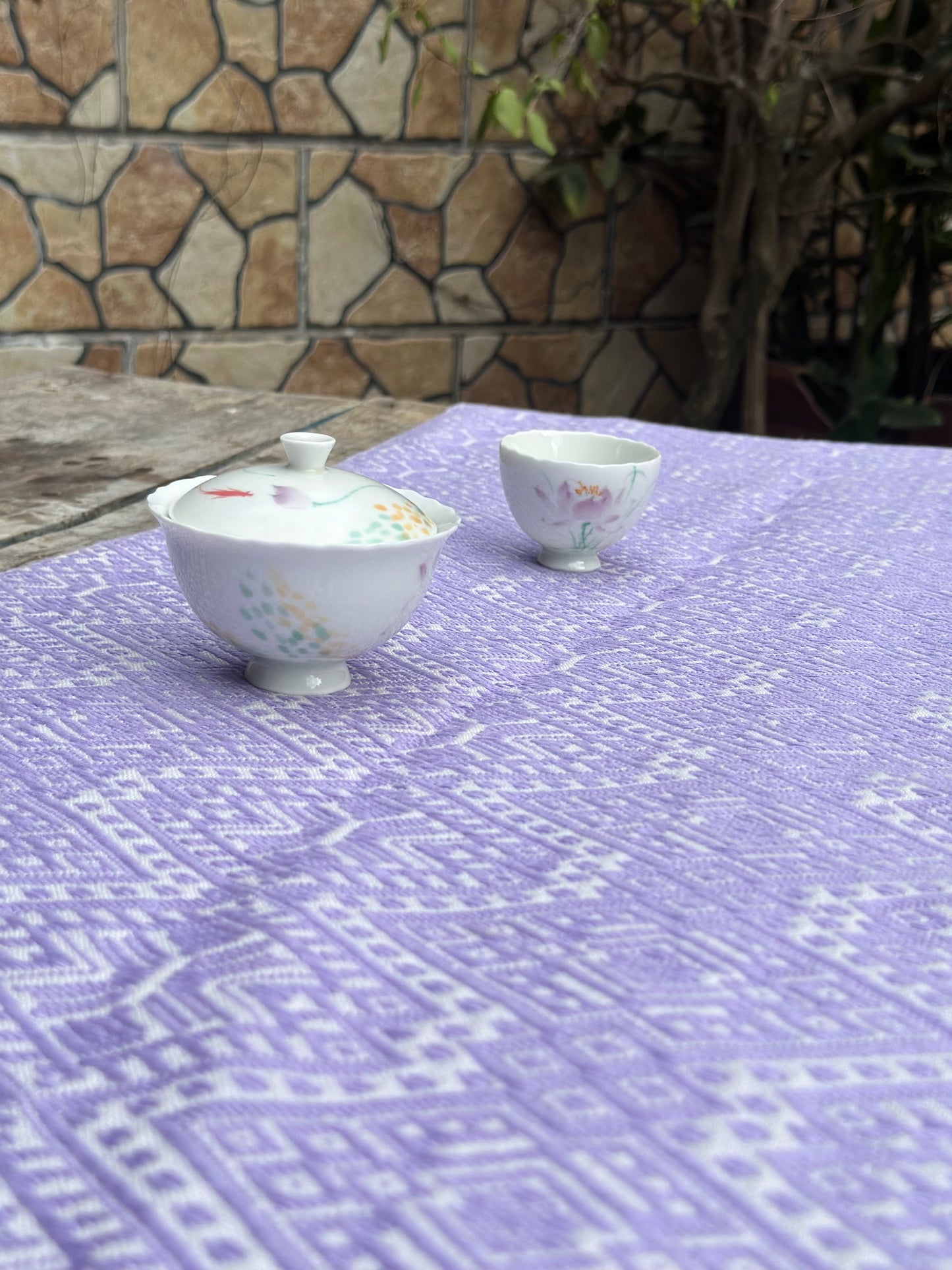 High-end Handcrafted Butterfly Field Pattern Chinese Purple White Zhuang Brocade Silk Cloth Scarf Tea Table Cloth