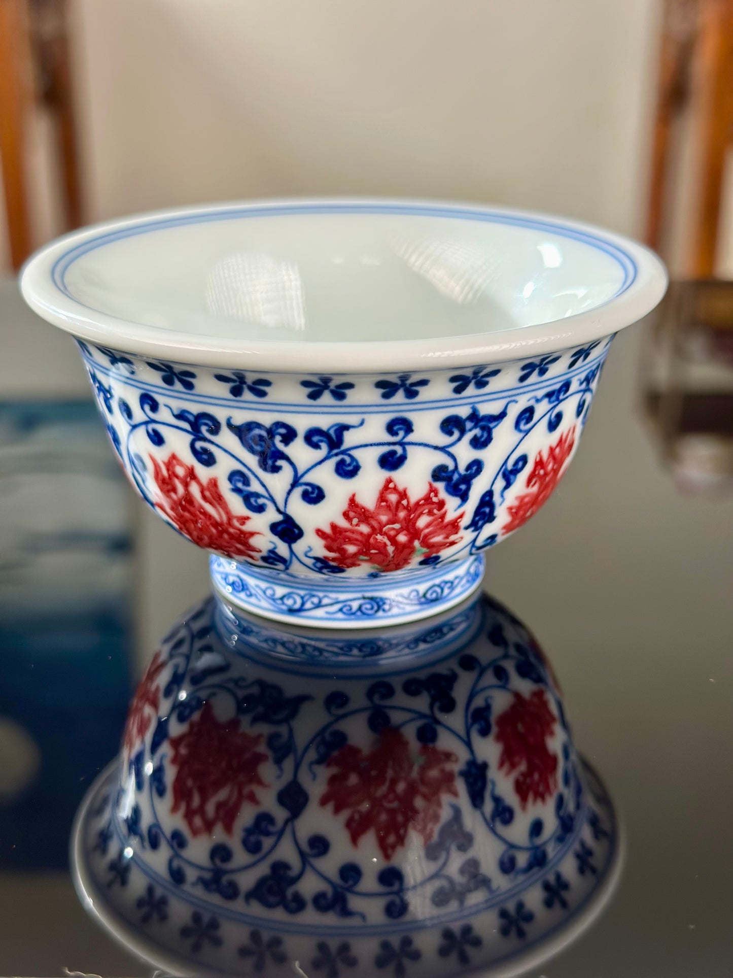 Handpainted Chinese Traditional Lotus and Twined Stem Pattern Blue and White Underglaze Red Youlihong Porcelain Jingdezhen